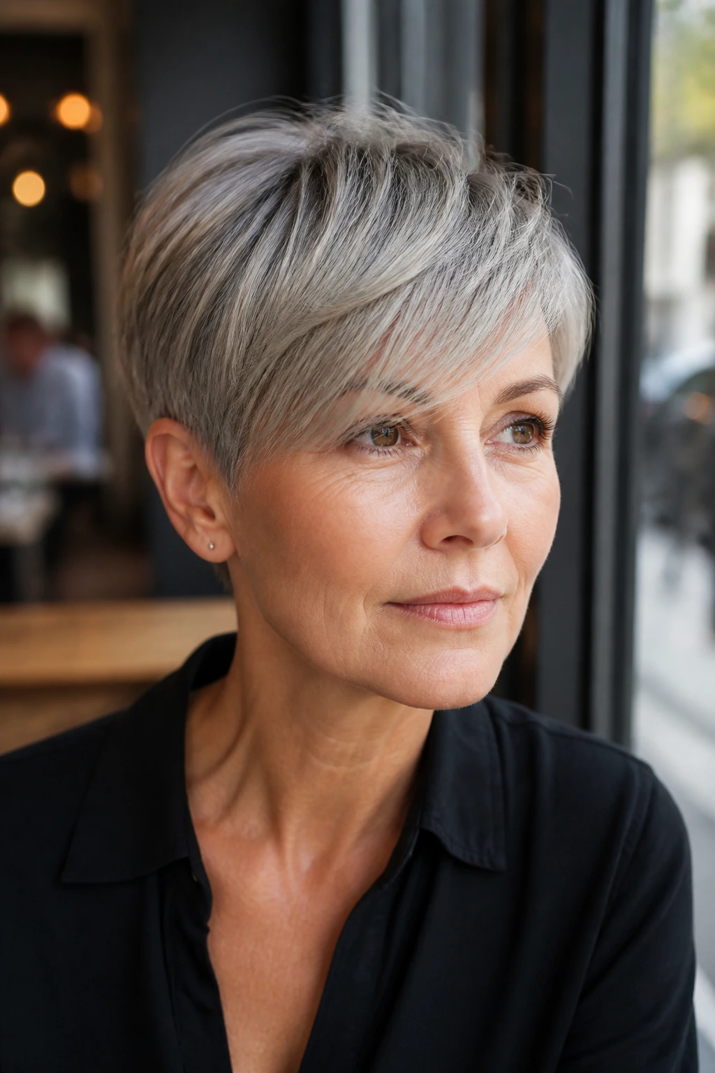 Close-up of a real woman with an ear-length crop and long side fringe