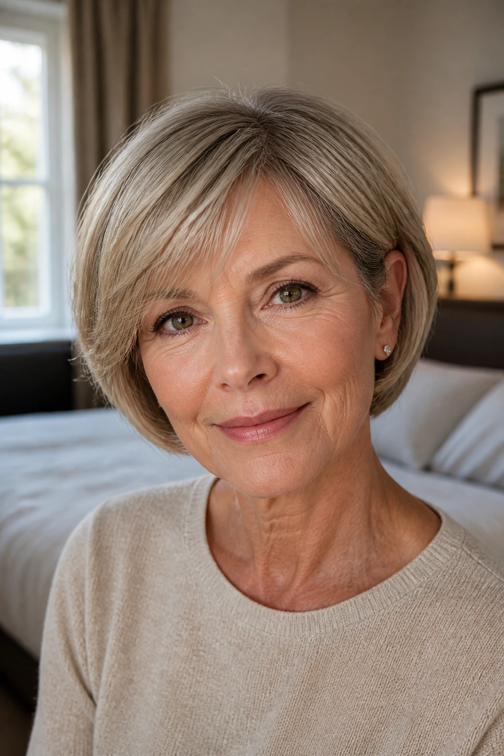 Medium close-up of a woman with ear-length rounded crop hairstyle in warm bedroom light