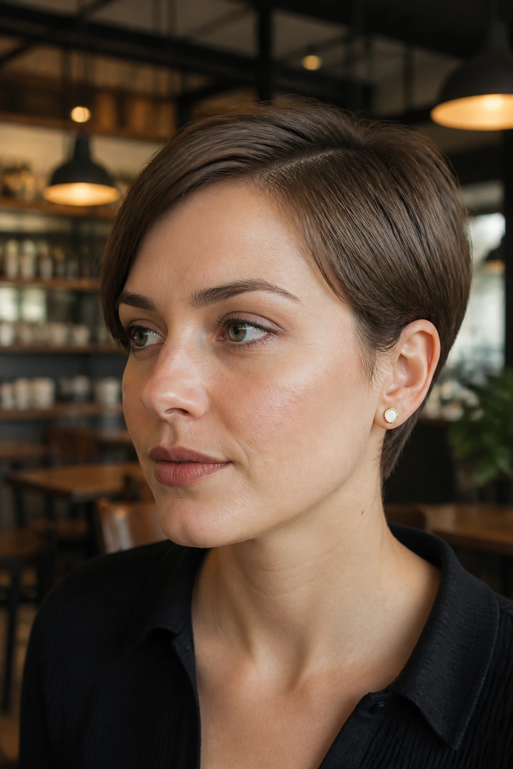Close-up of a real woman with an ear-length crop and tucked sides highlighting ears and jawline.