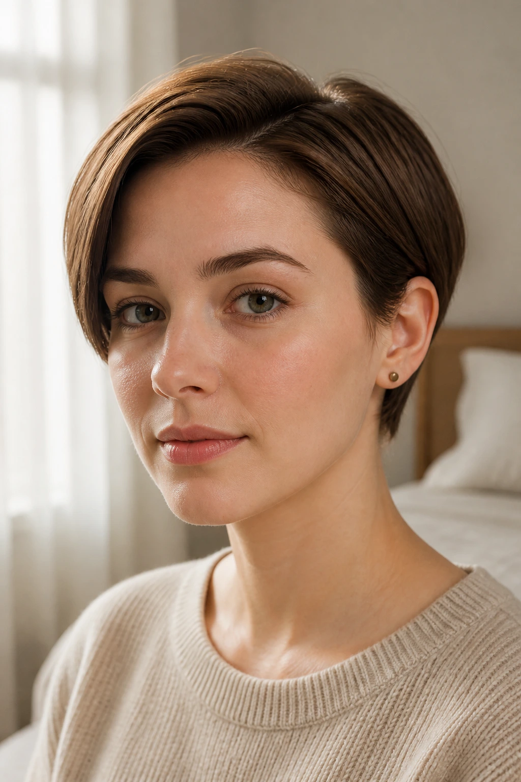 Close-up portrait of a real woman wearing an ear-length crop with tucked sides