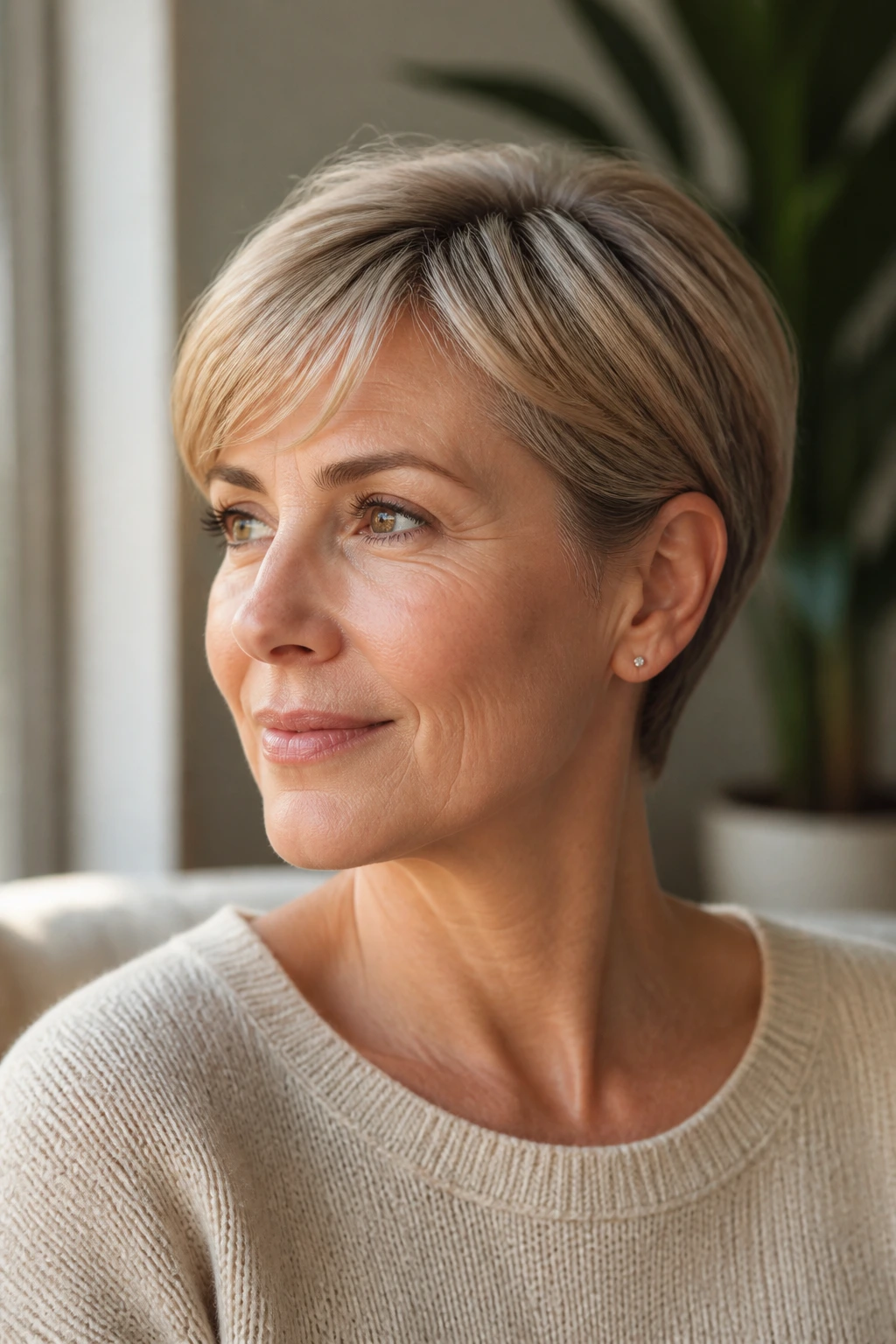 Close-up of a real woman showing an ear-length crop with tucked sides in natural window light