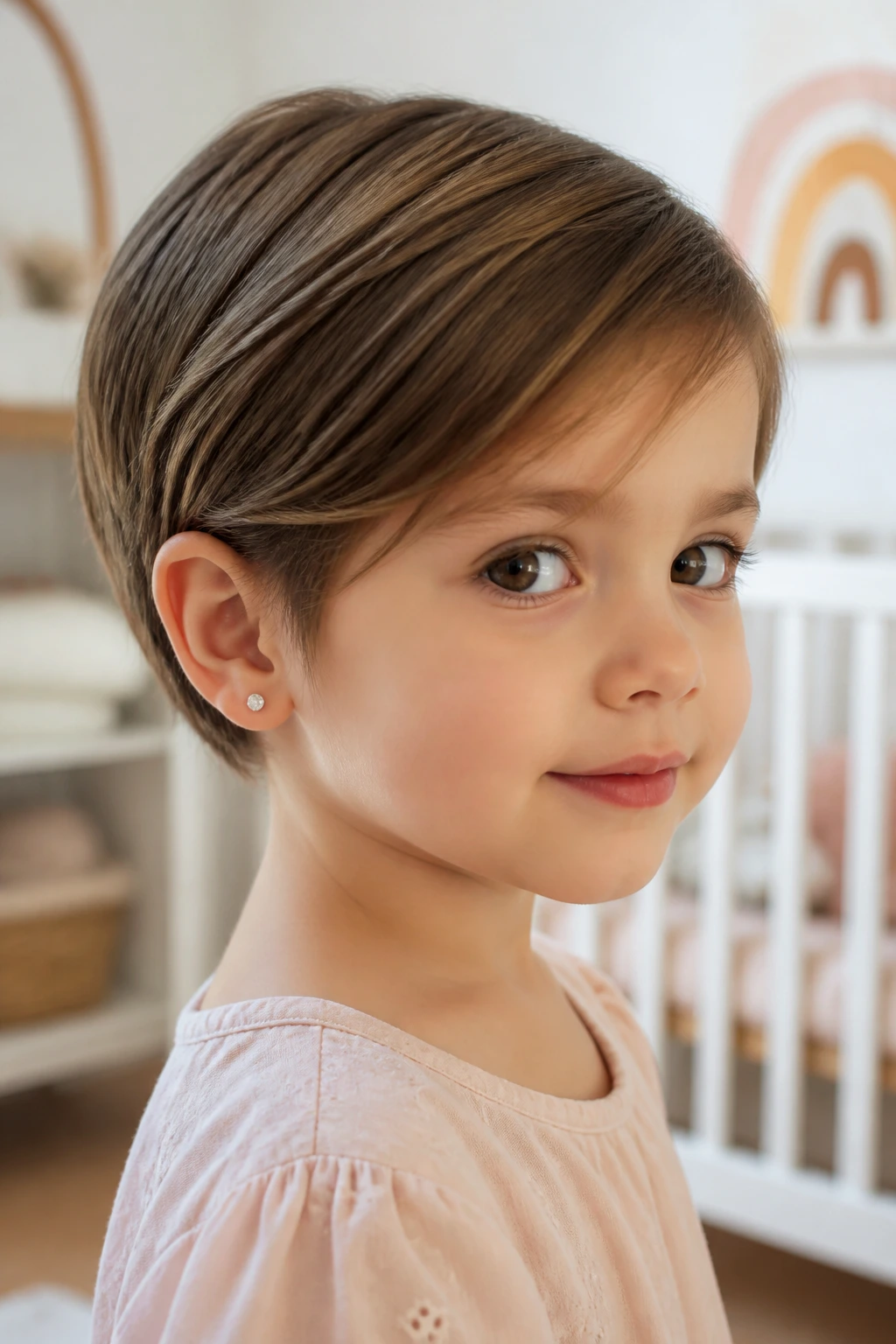 Girl with ear-length crop haircut showing clean ear line