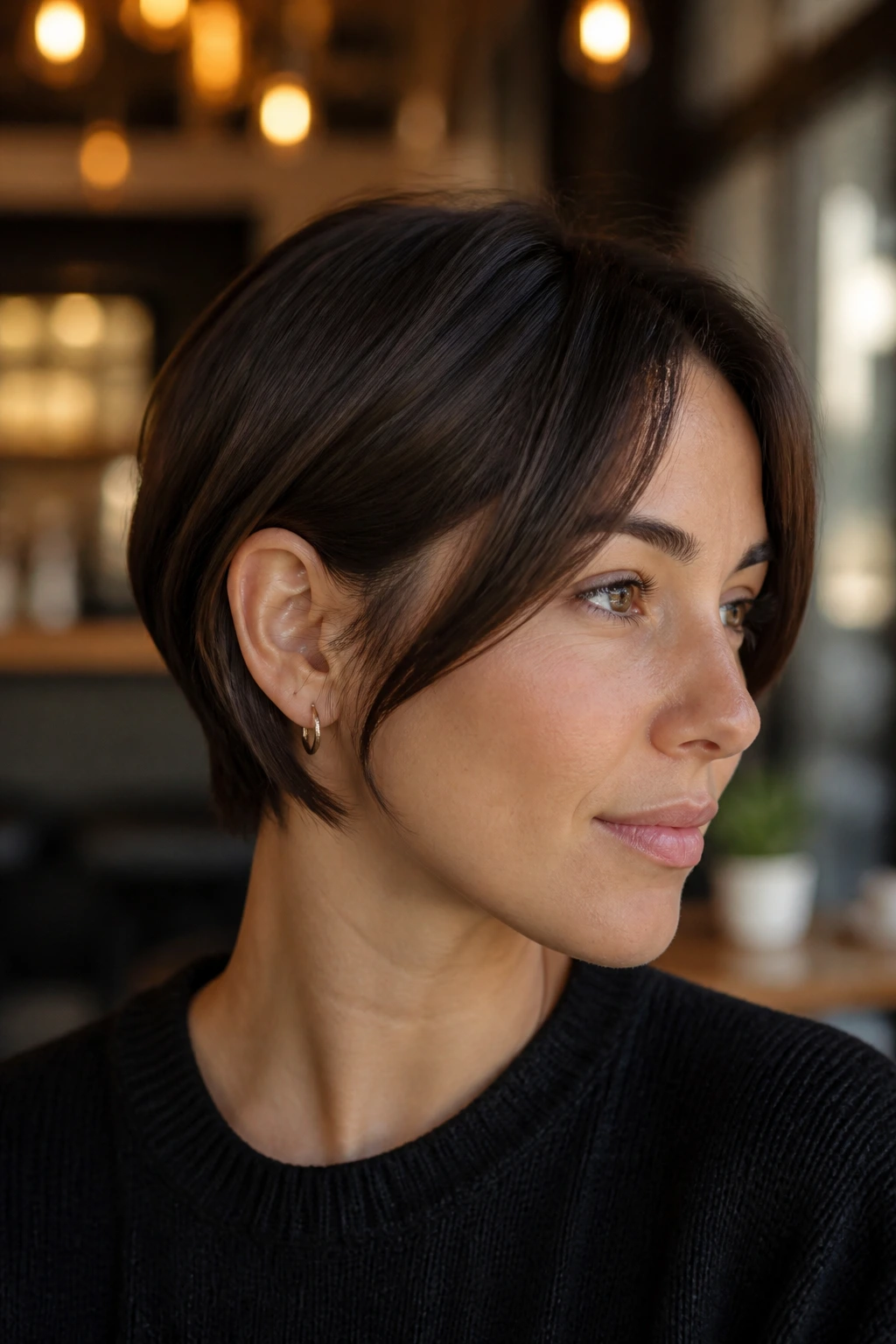 Close-up portrait of a real woman with an ear-length tucked crop