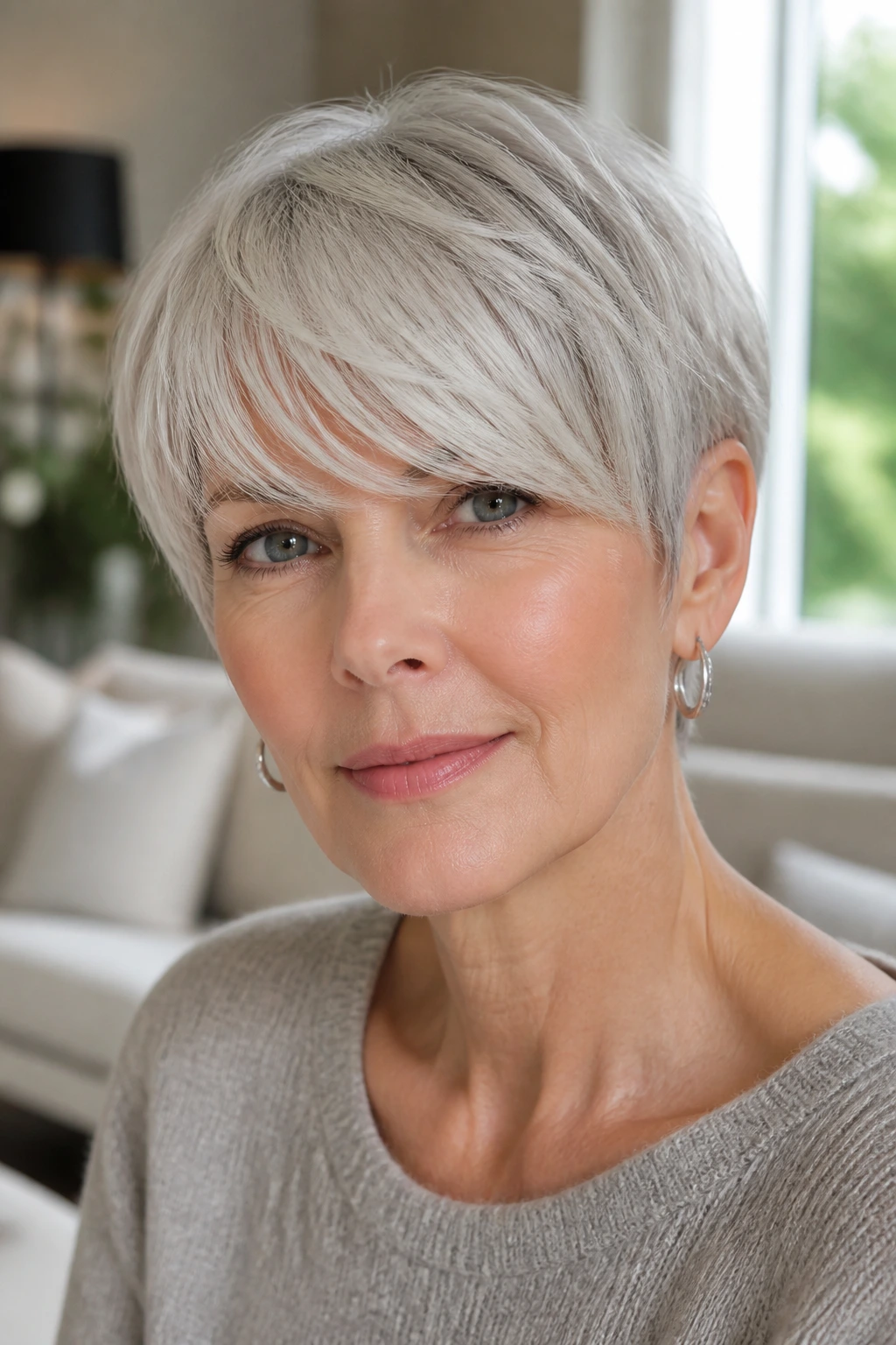 Close-up of a real woman with ear-length crop and long bangs showing face-framing hair