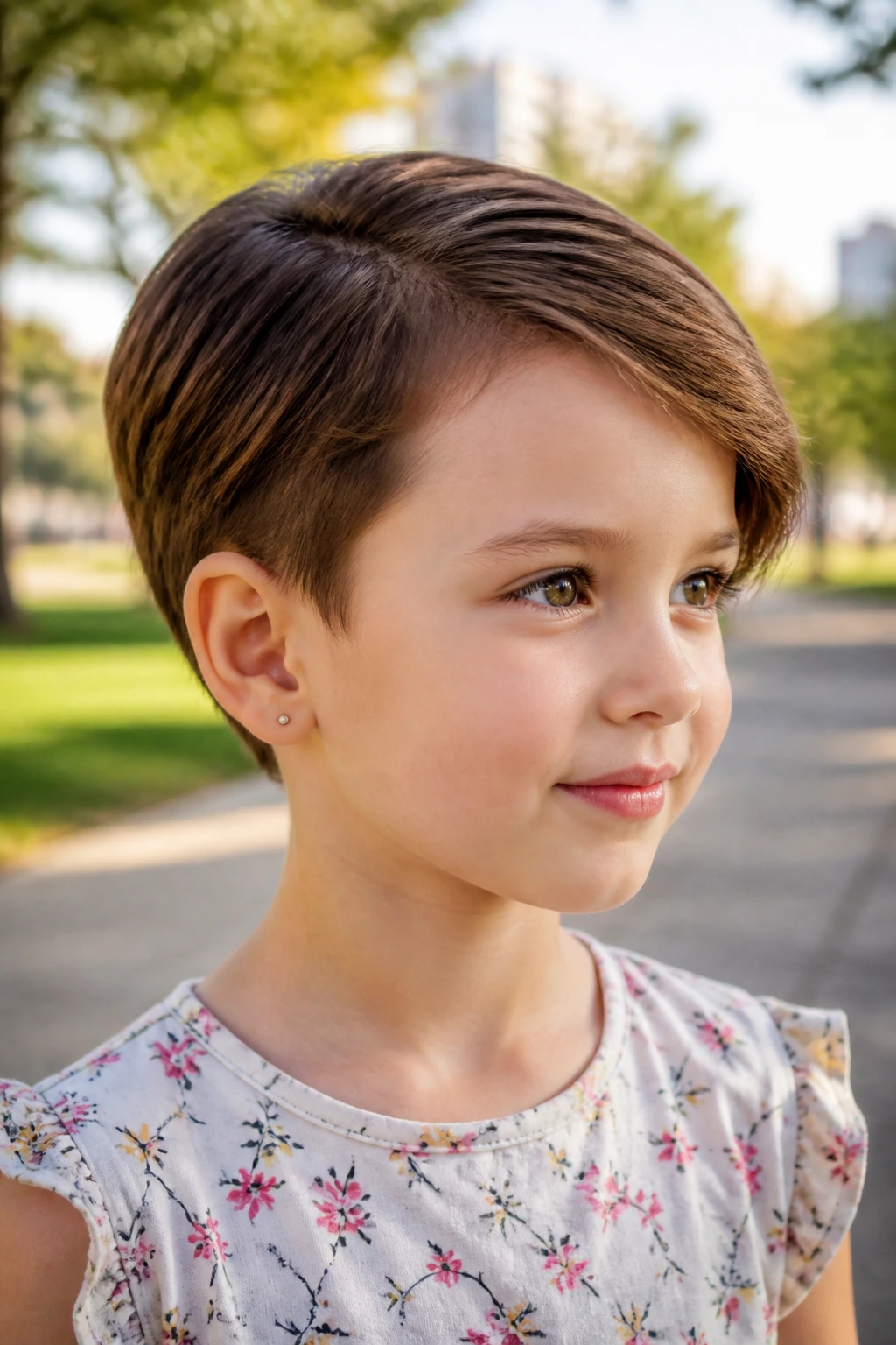 Portrait of a child with an ear-length crop and longer top