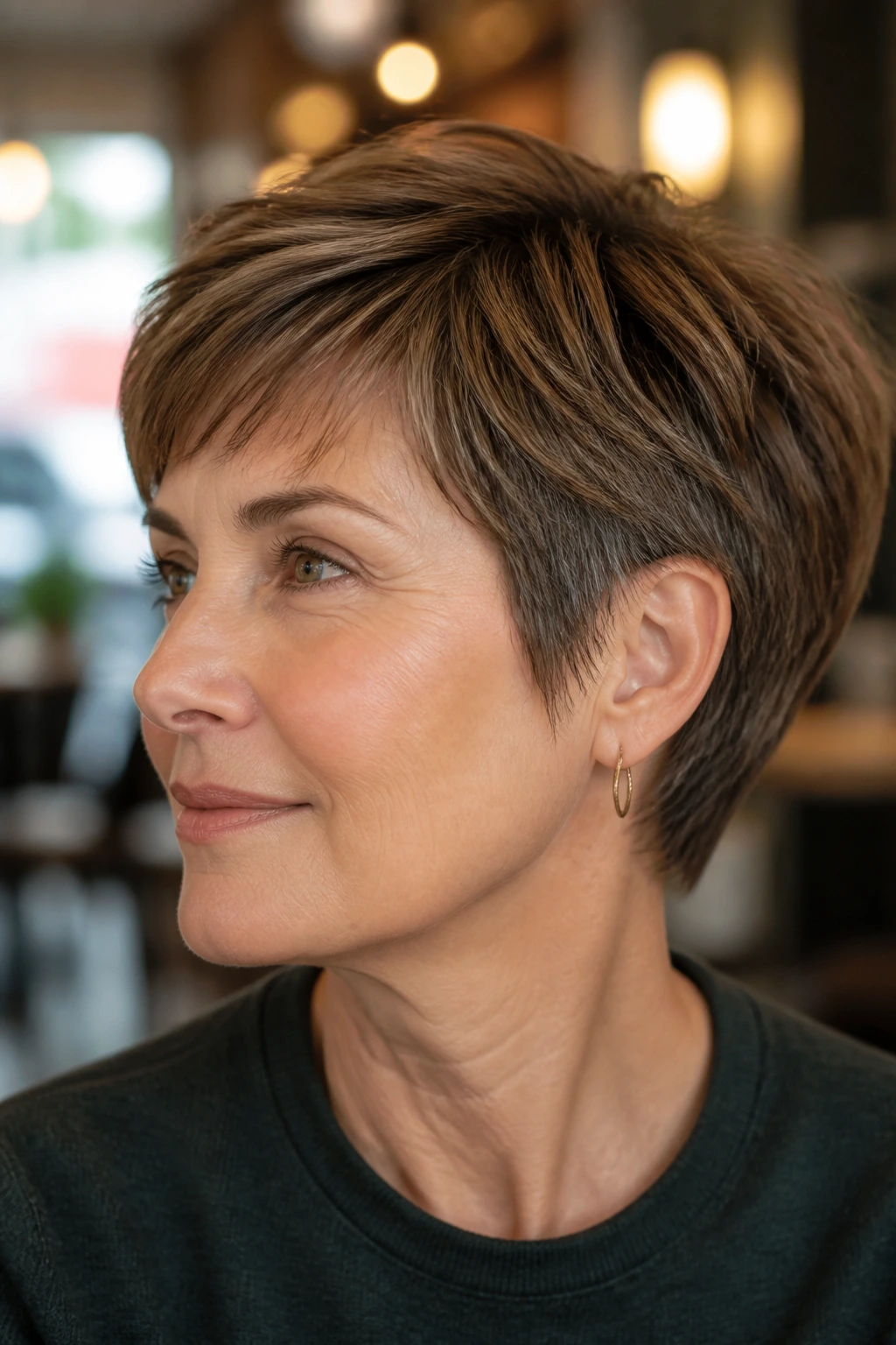 Close-up portrait of a real person with ear-length crop and micro layers