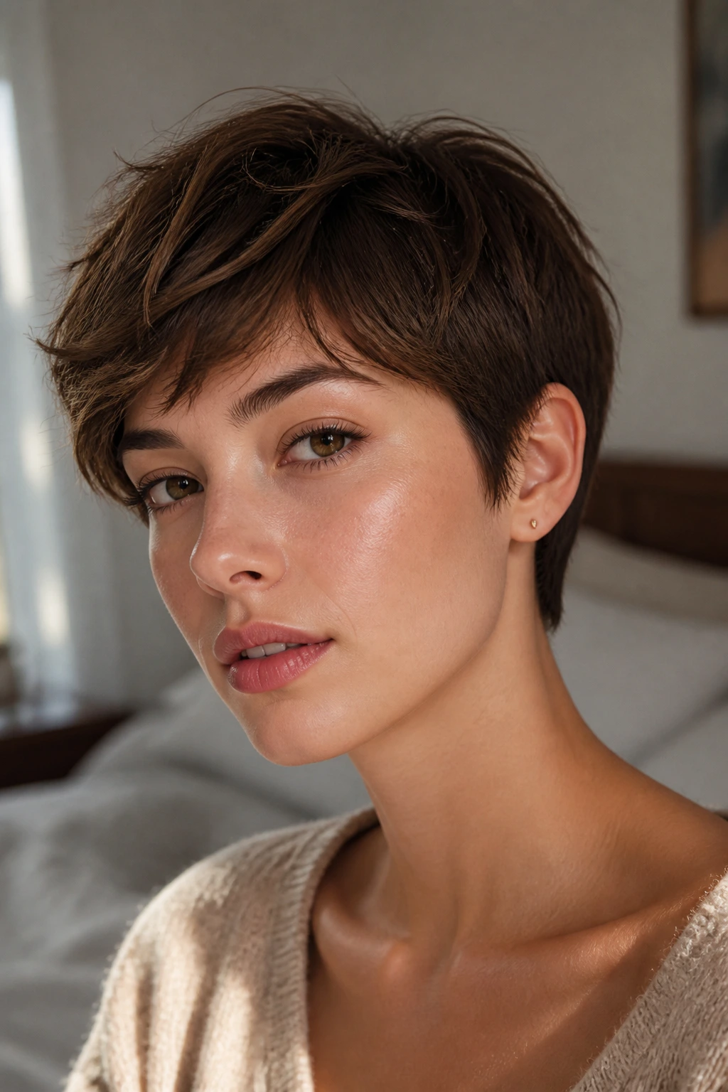 Close-up portrait of a woman with an ear-length crop hairstyle.