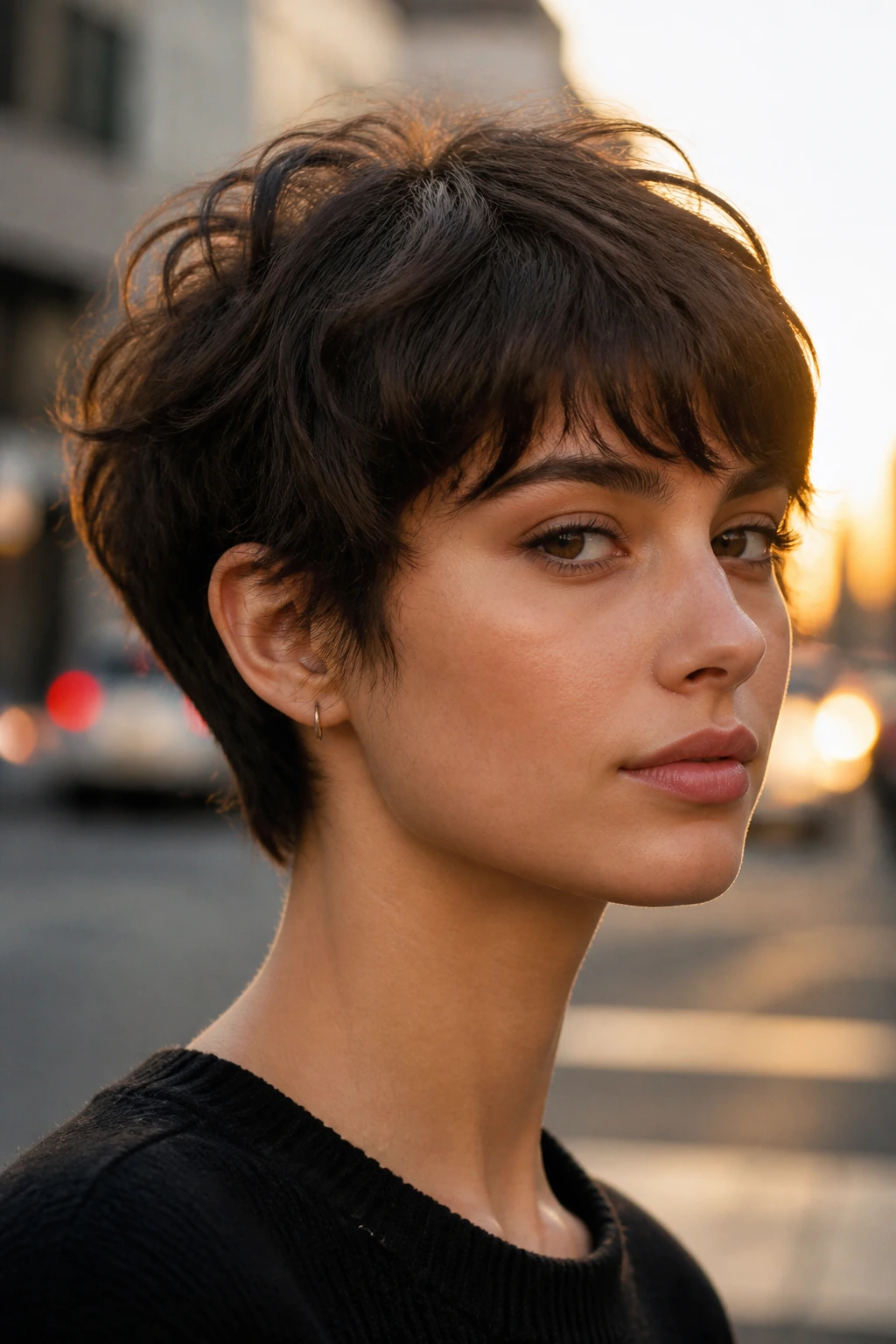 Real person wearing an ear-length crop hairstyle in golden hour light