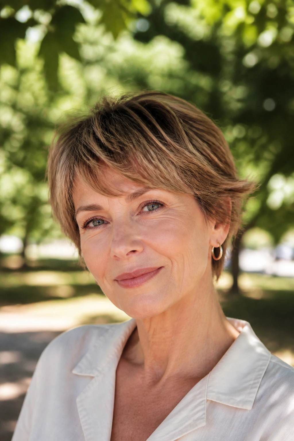 Close-up portrait of a real woman with a tousled ear-length crop and side fringe