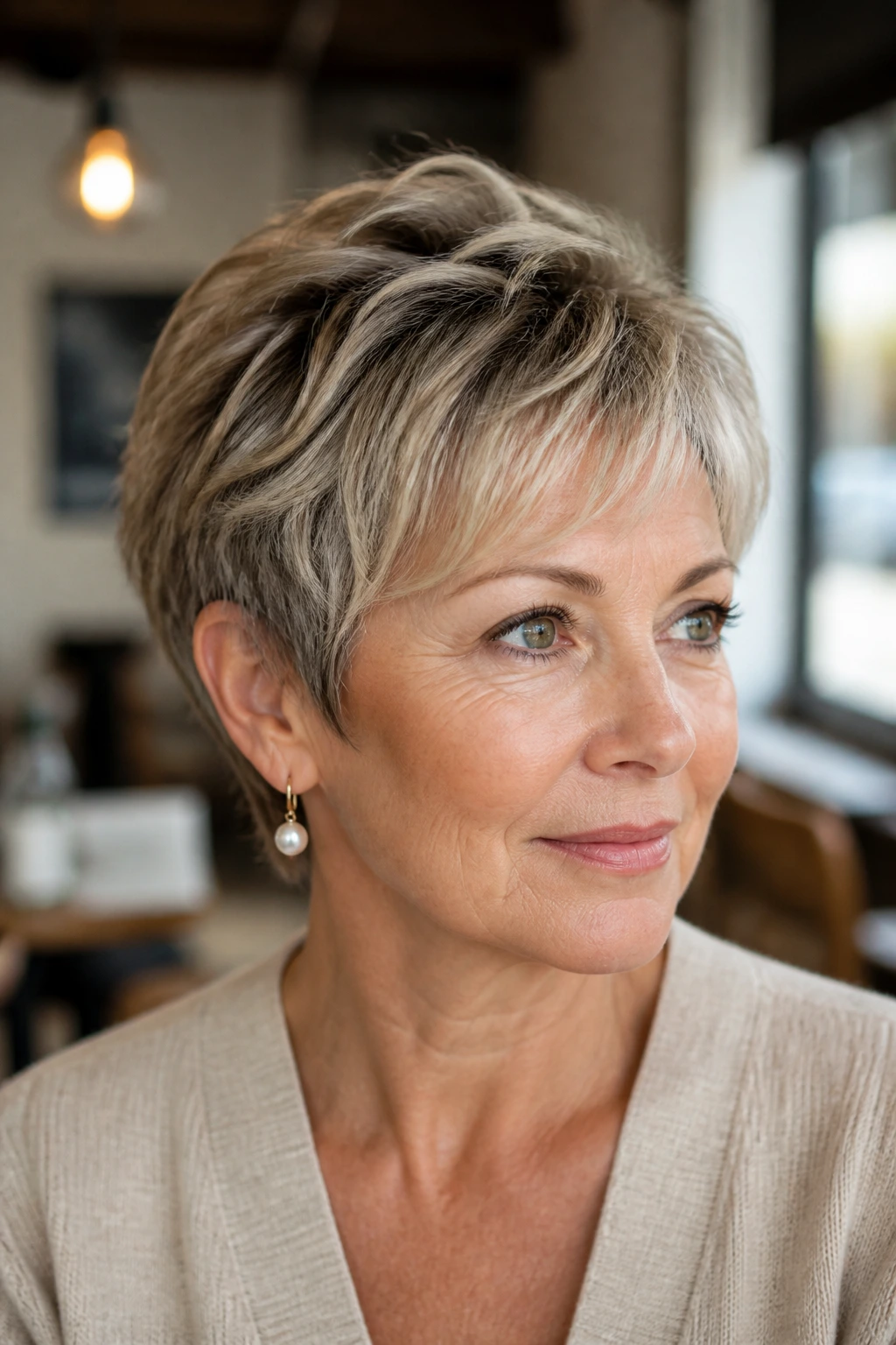 Portrait of a real woman with an ear-length crop and soft texture.