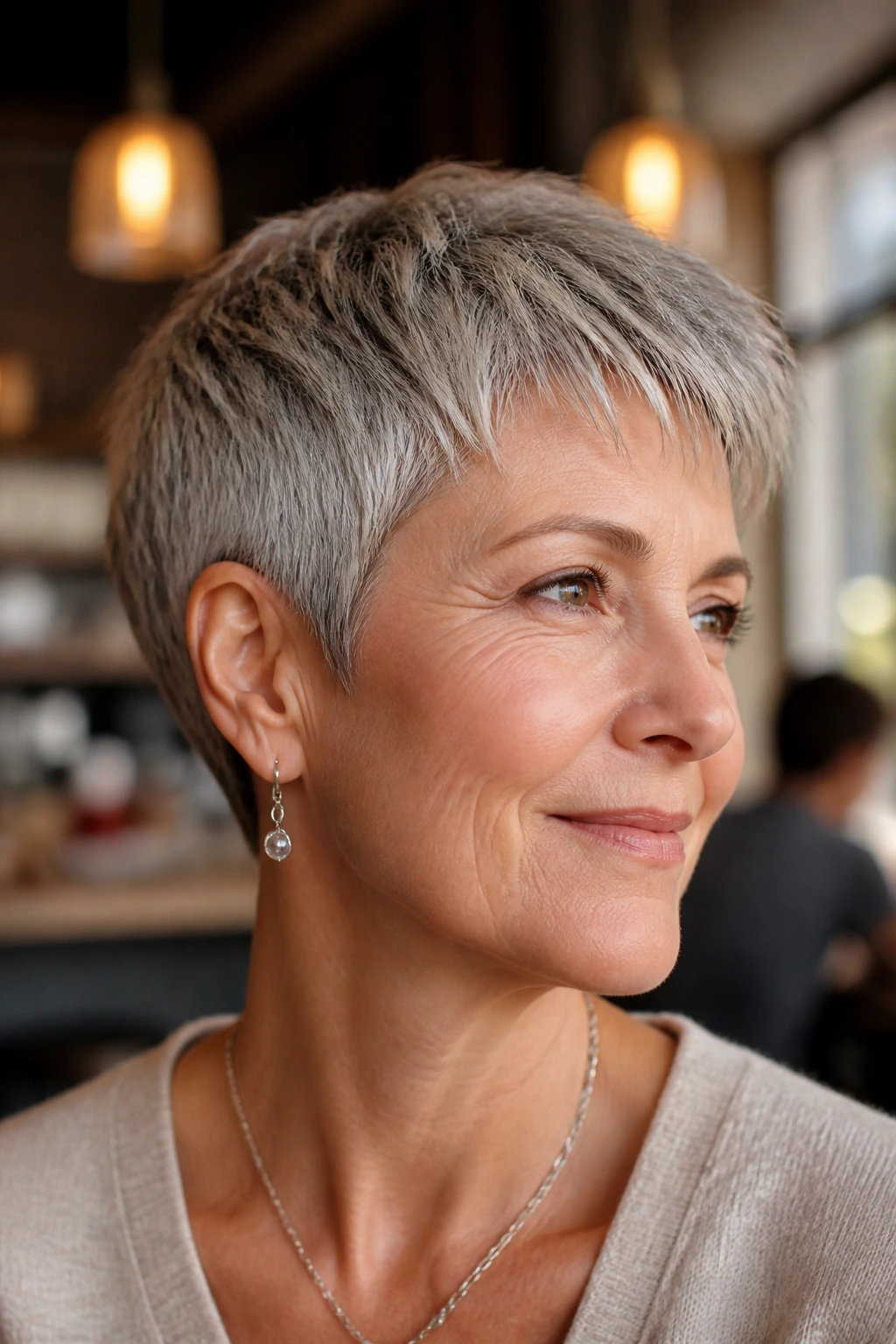 Close-up of a woman with an ear-length crop and tapered sides