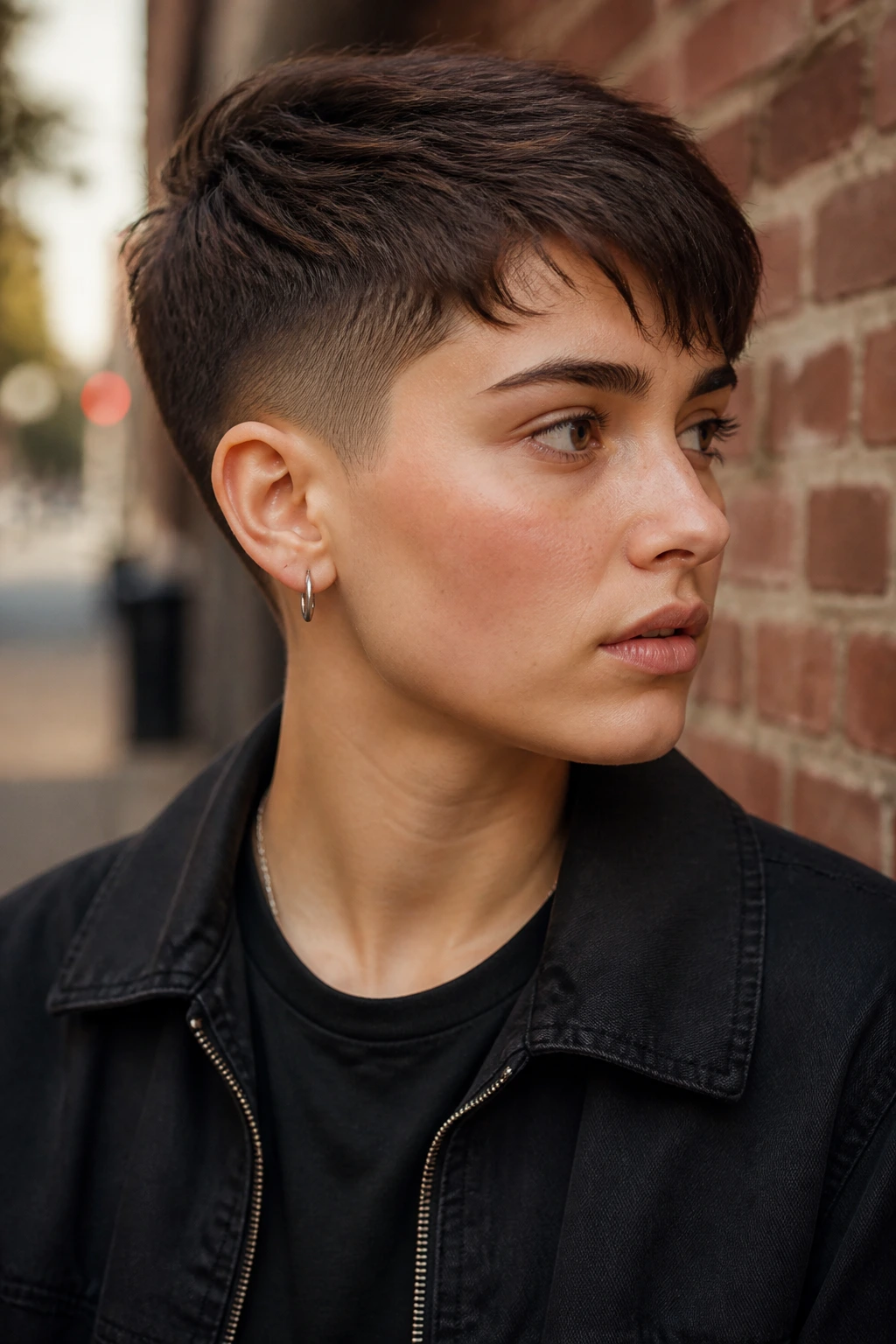 Close-up portrait of a real person with ear-length crop and temple fade.