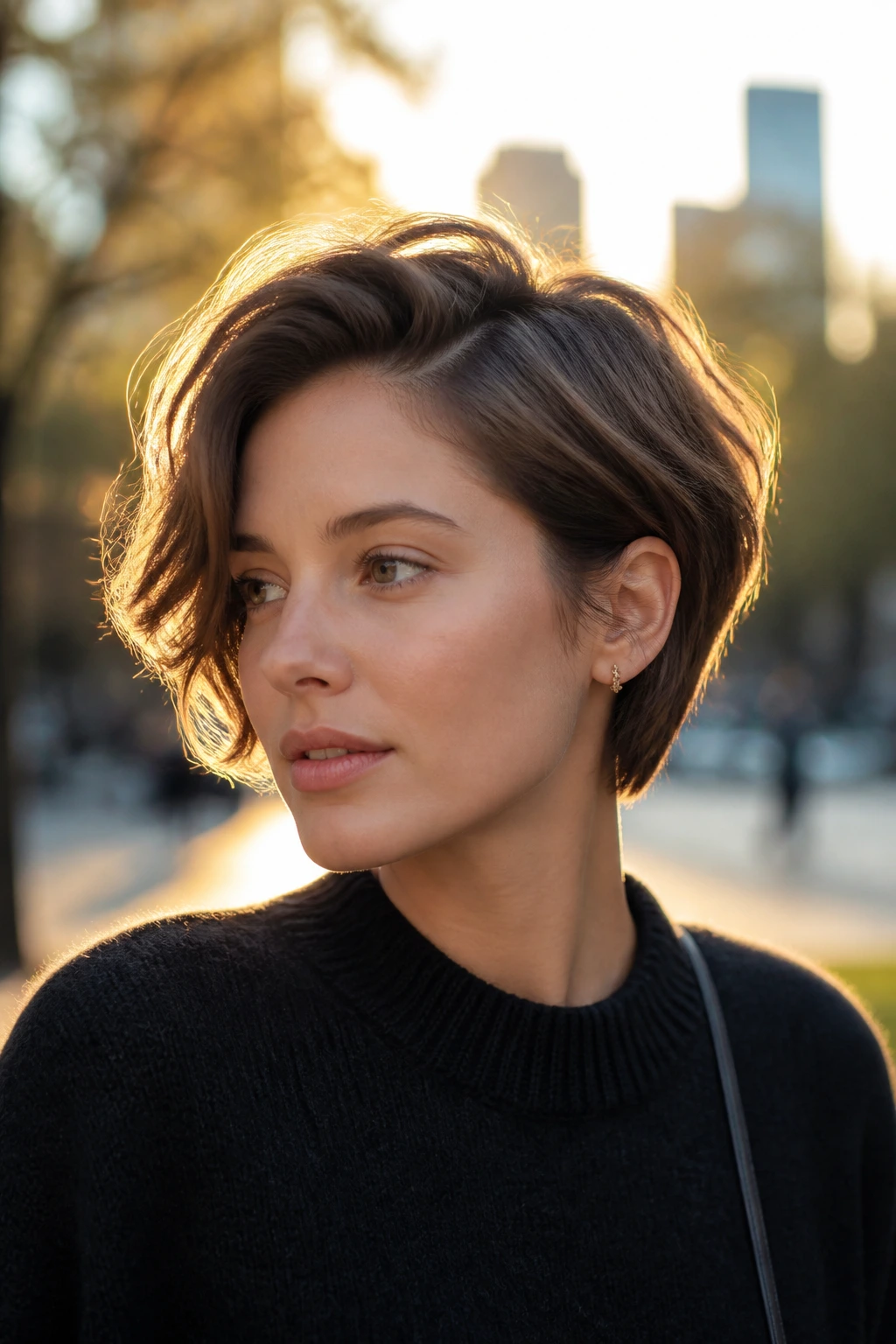 Close-up of a person with an ear-length tousled crop in golden-hour outdoor light