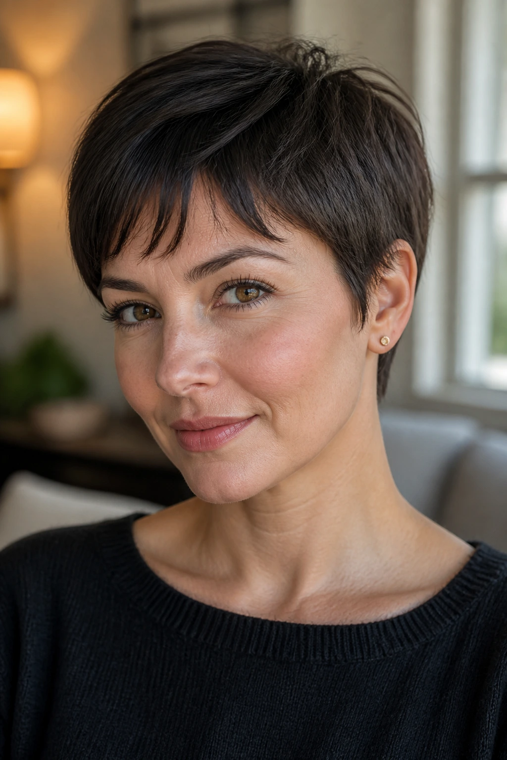 Close-up portrait of a real woman with an ear-length crop and tucked sides