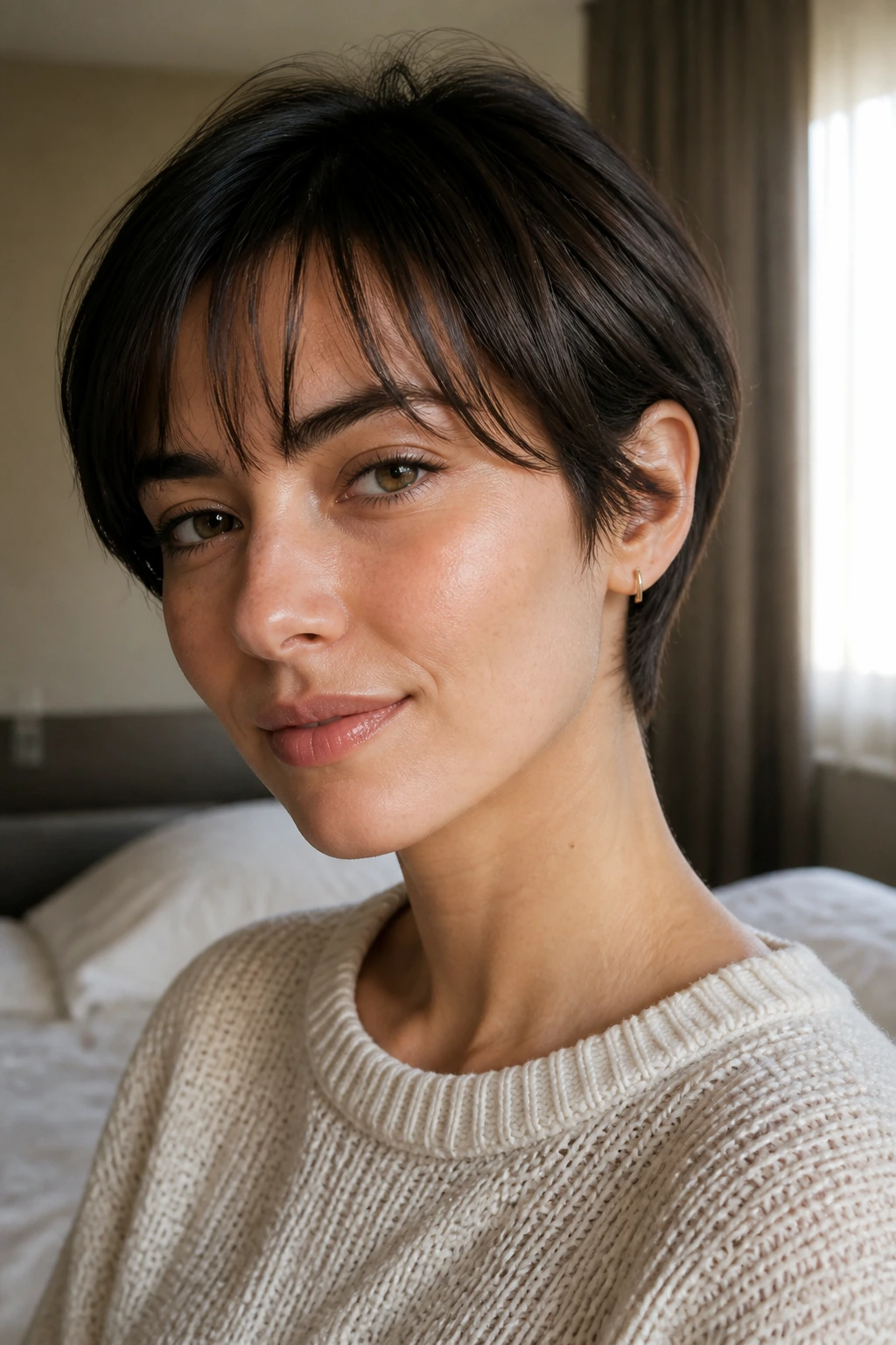 Close-up of a real woman with ear-length crop and whisper bang under warm window light.