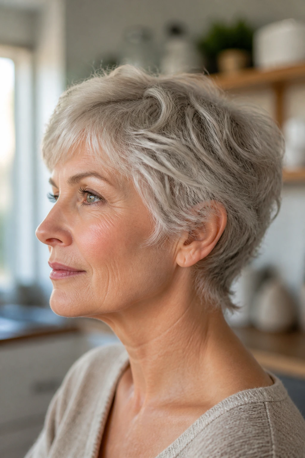 Close-up of an older woman with ear-length crop and wispy nape