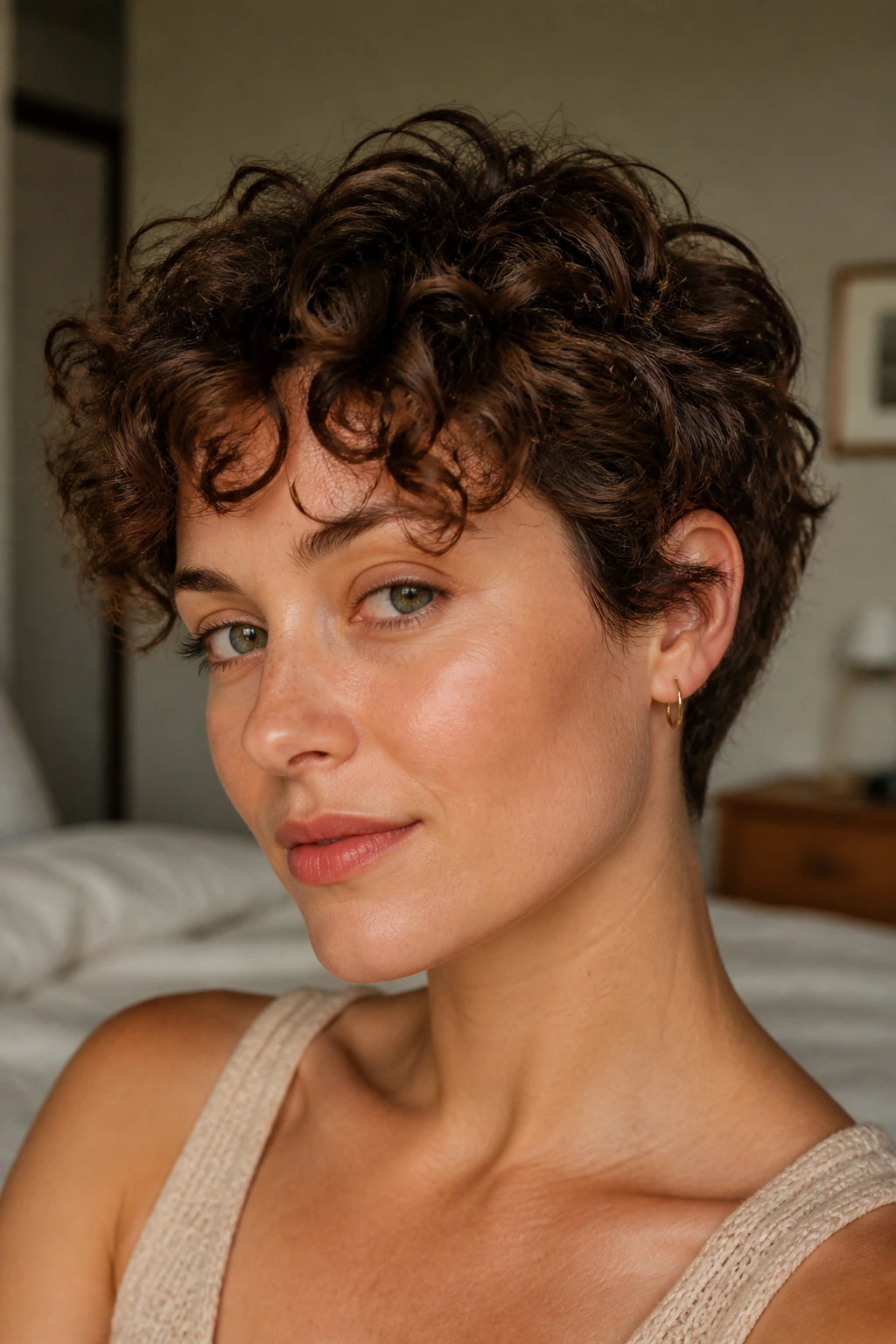 Close-up portrait of a real person with ear-length curly cut, soft ear framing and voluminous top