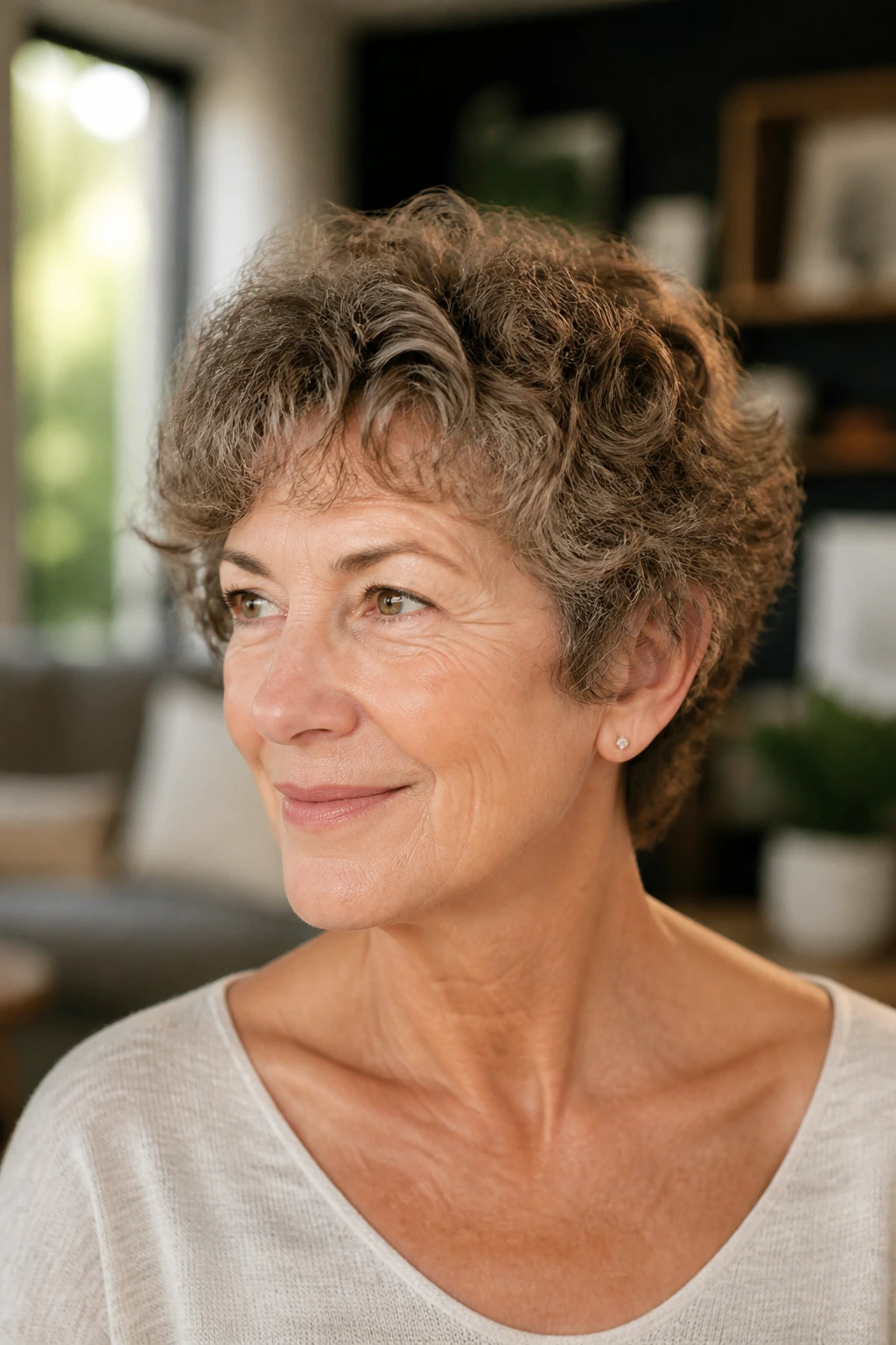 Close-up of a real woman with ear-length curly crop in warm window light