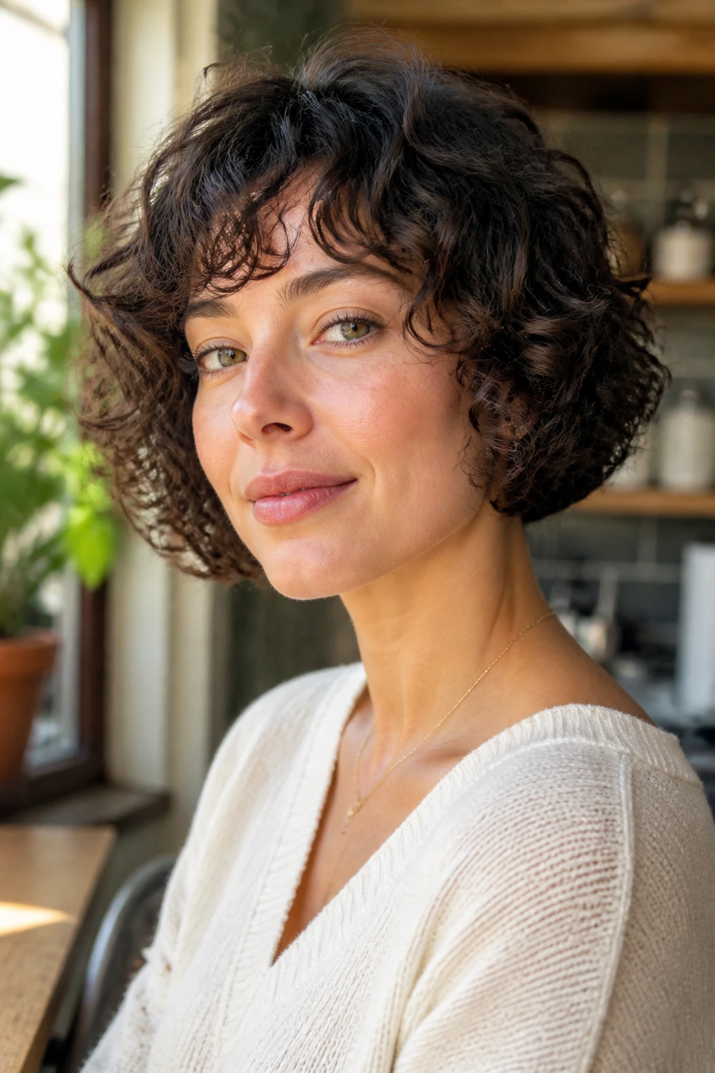 Close-up of a real woman with an ear-length curly bob