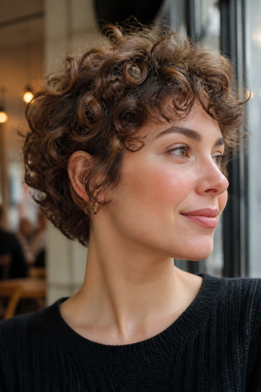 Close-up of ear-length curly crop on a real person