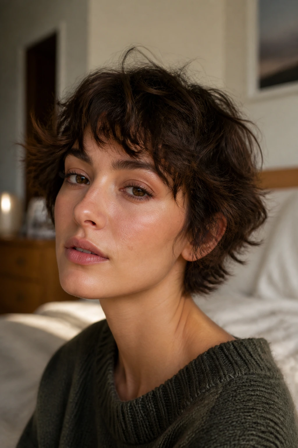 Close-up portrait of a woman with an ear-length feathered shag in a warm bedroom setting.