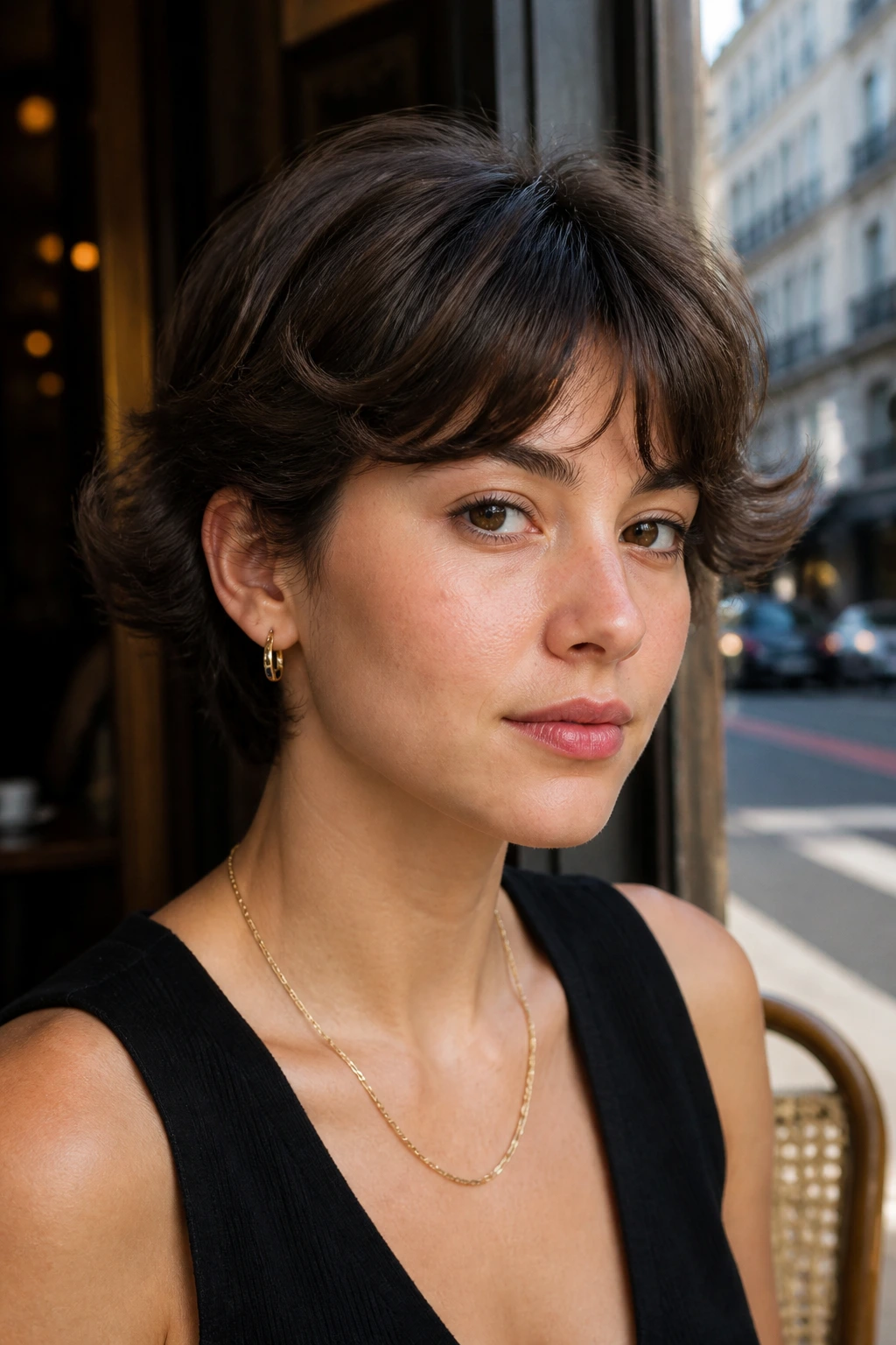 Real person with an ear-length flip cut photographed in natural daylight at an outdoor cafe