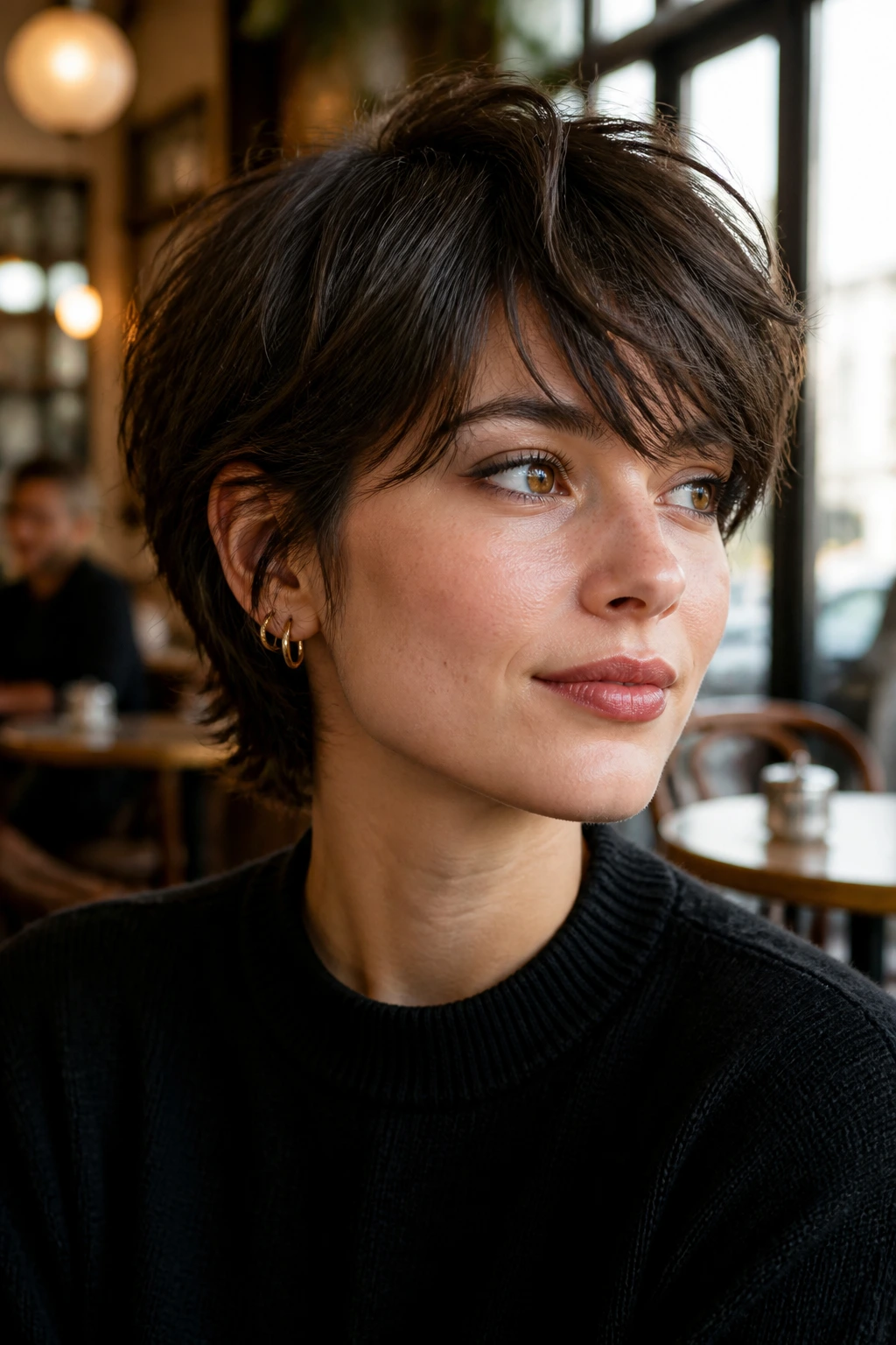 Portrait of a person with ear-length French shag and side-swept fringe in a cafe setting