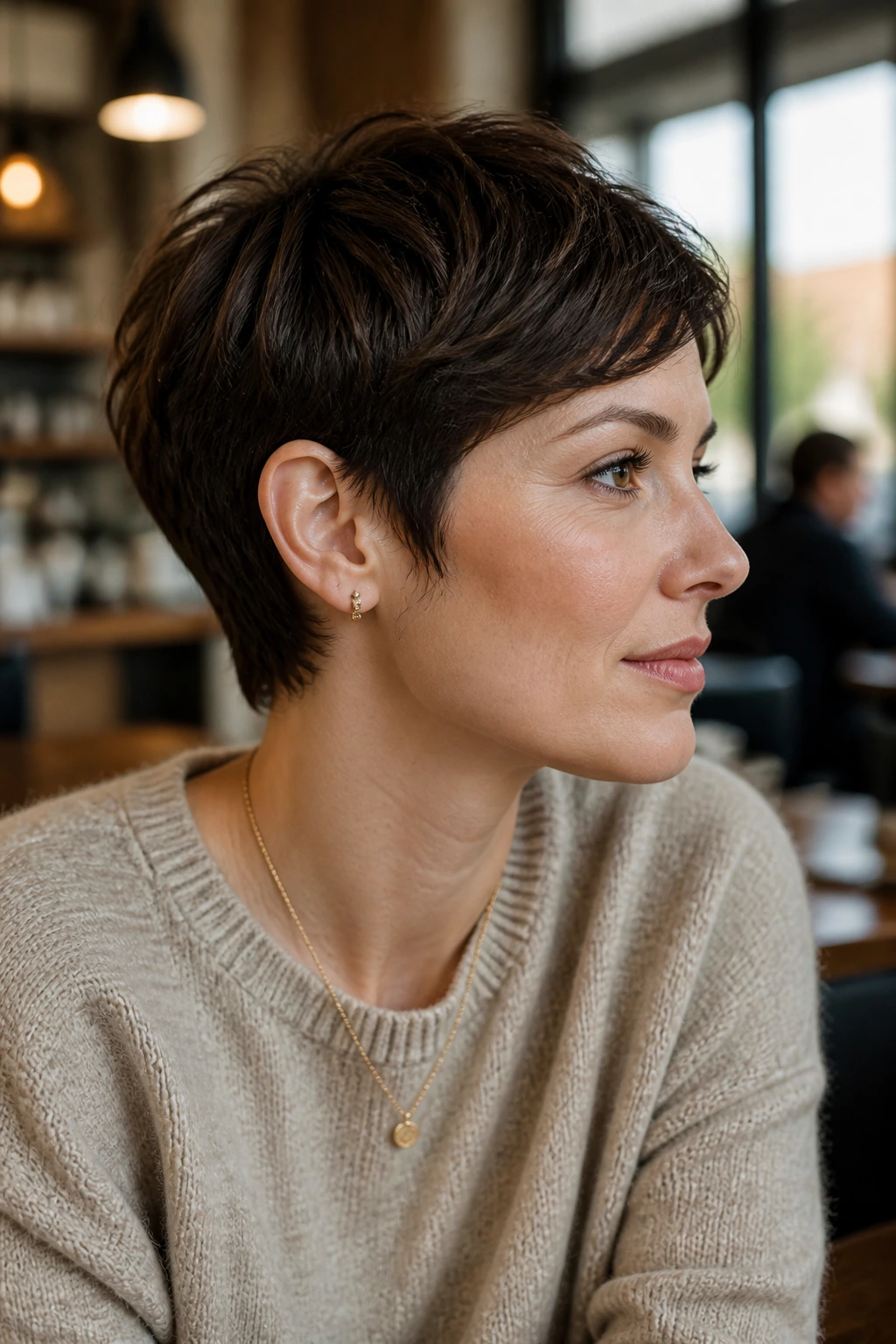 Close-up portrait of real woman with ear-length pixie hairstyle near ears in warm cafe light