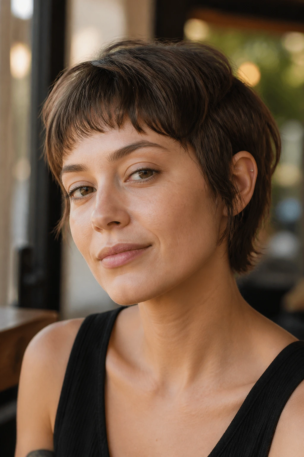 Close-up of ear-length shaggy pixie with baby bangs on a real person in a cafe