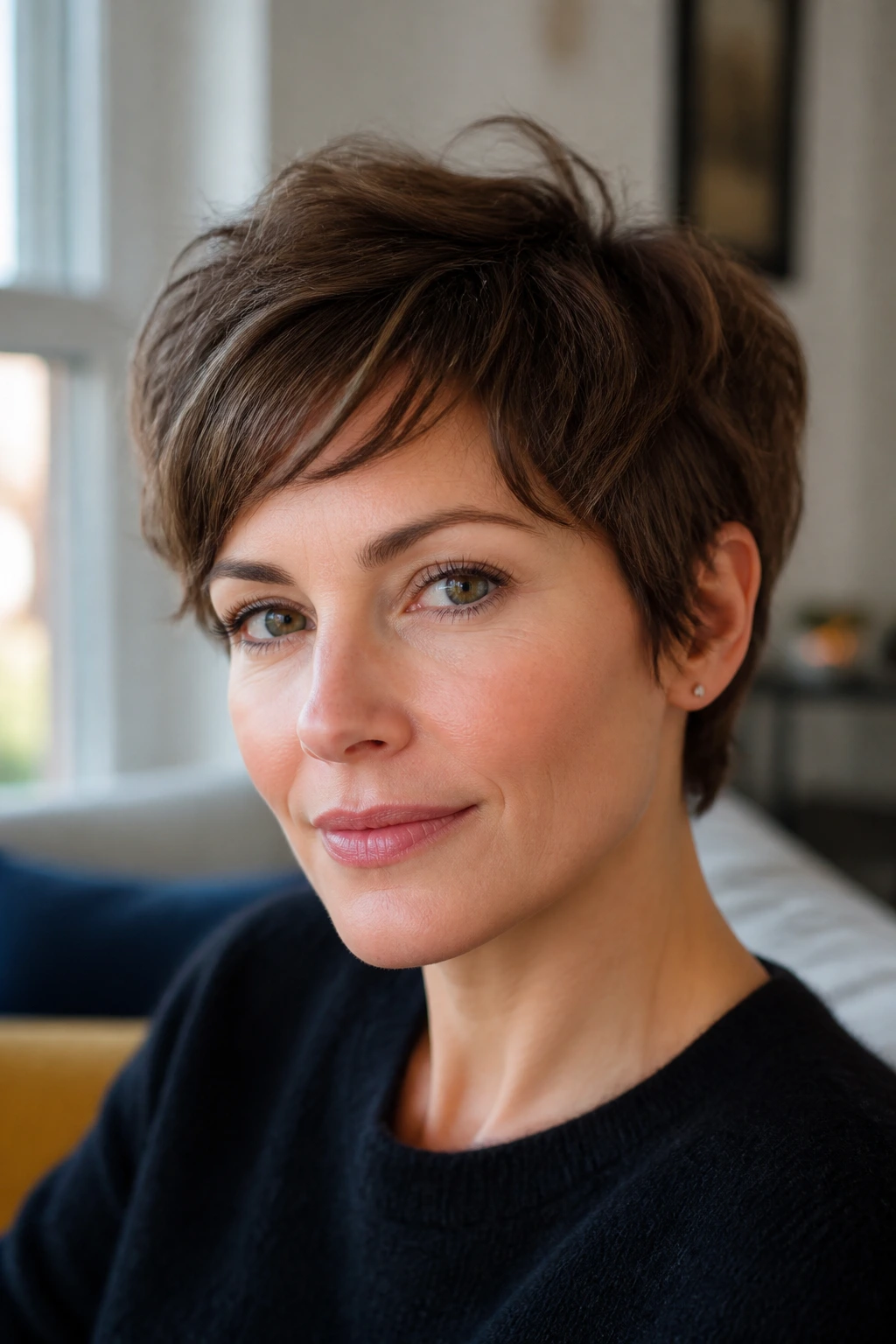Close-up portrait of a real woman with an ear-length pixie haircut in a cozy living room.