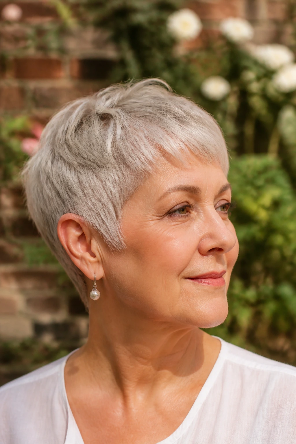 Close-up of a real woman with an ear-length razor crop