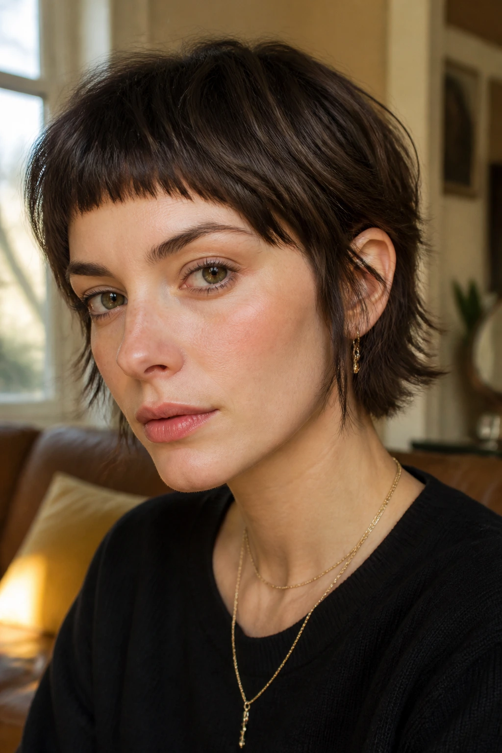 Close-up portrait of a real woman with ear-length shag and baby bangs in warm daylight