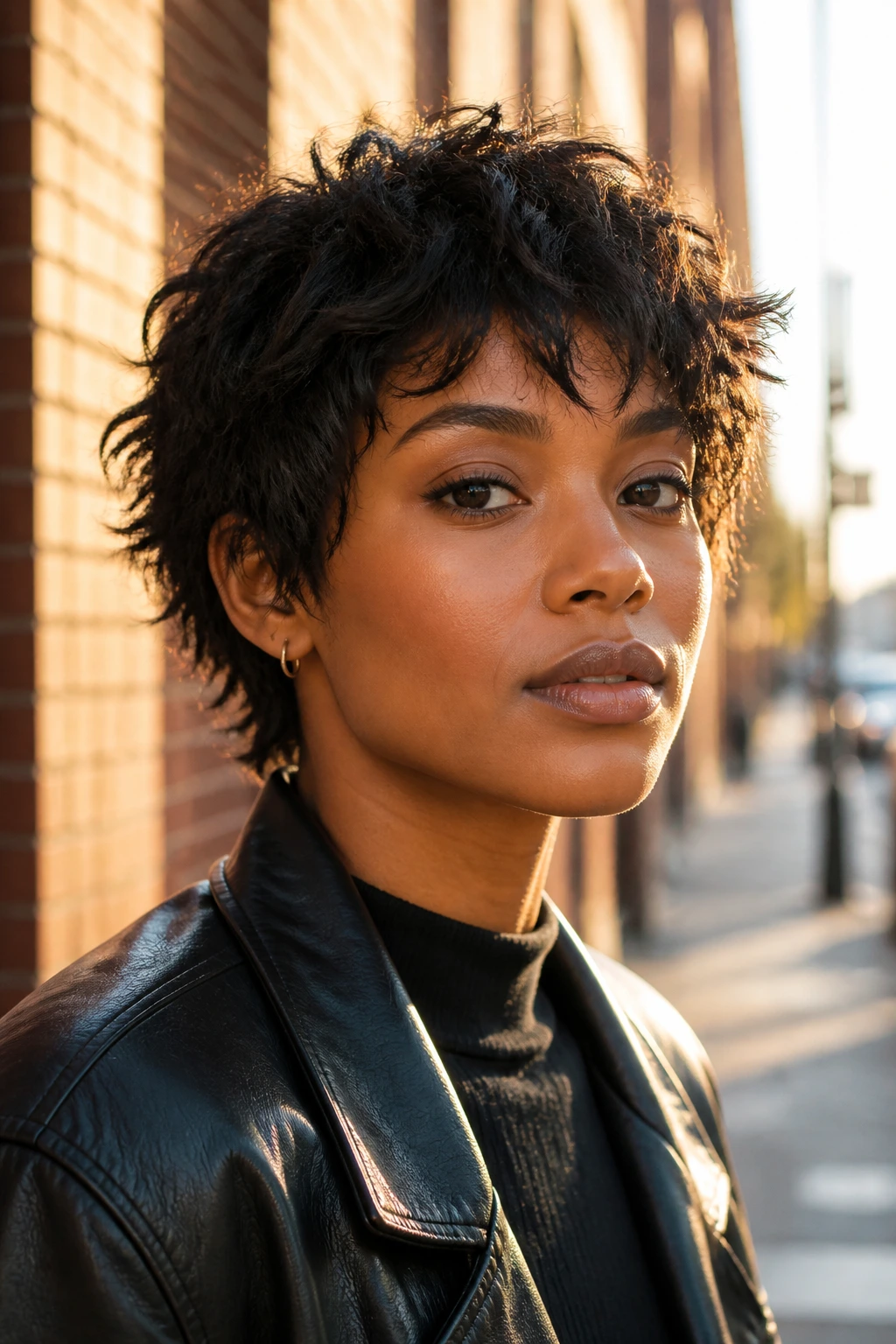 Close-up portrait of a real Black person with an ear-length shag and dense texture in outdoor light.