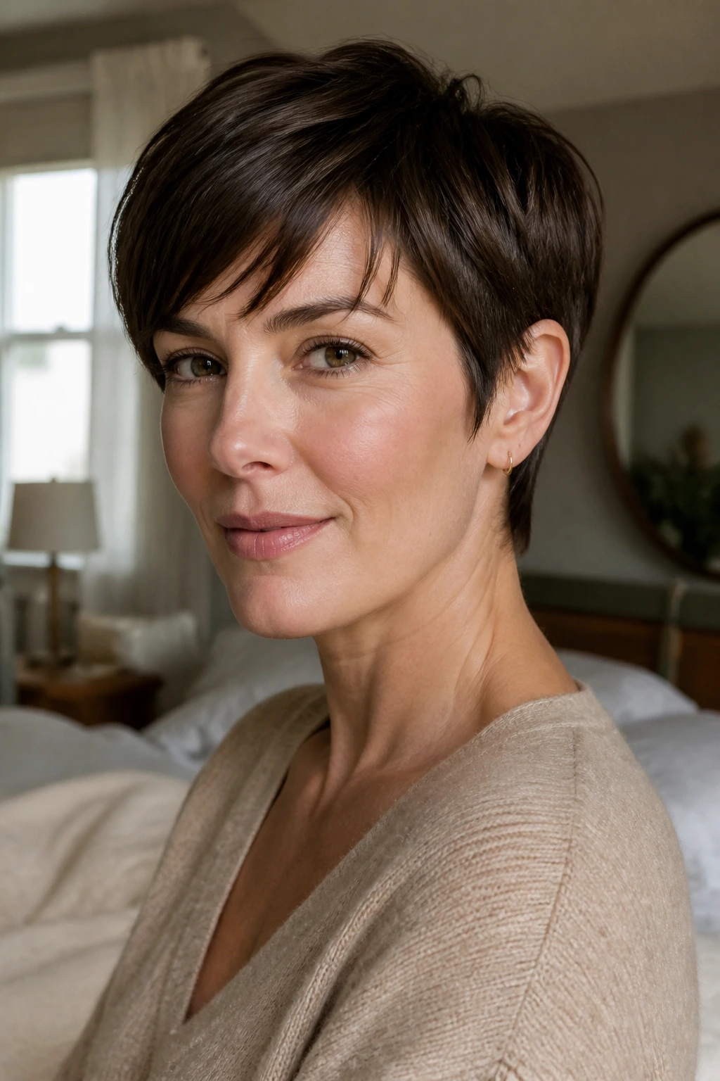 Close-up portrait of a woman with an ear-length tapered cut in warm window light
