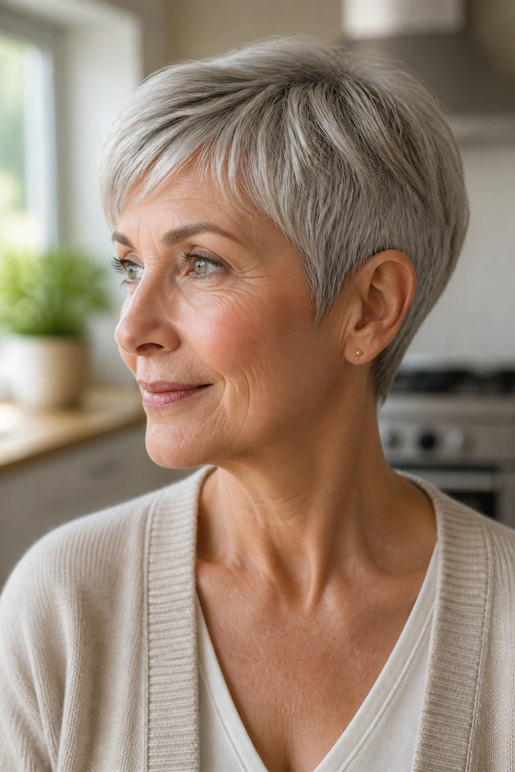 Close-up of a real woman with an ear-length tapered pixie