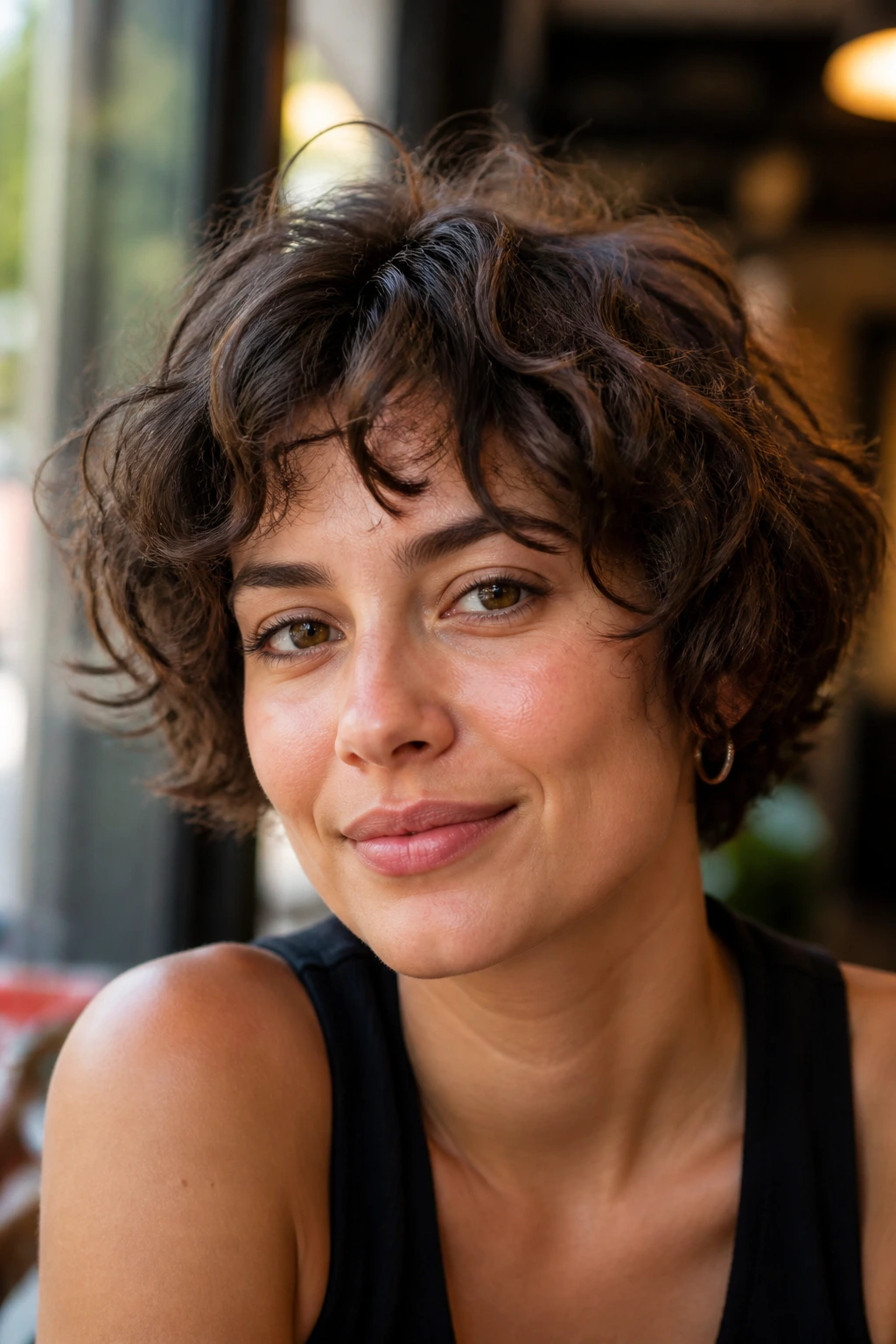 Close-up of a real woman with an ear-length tousled curly bob