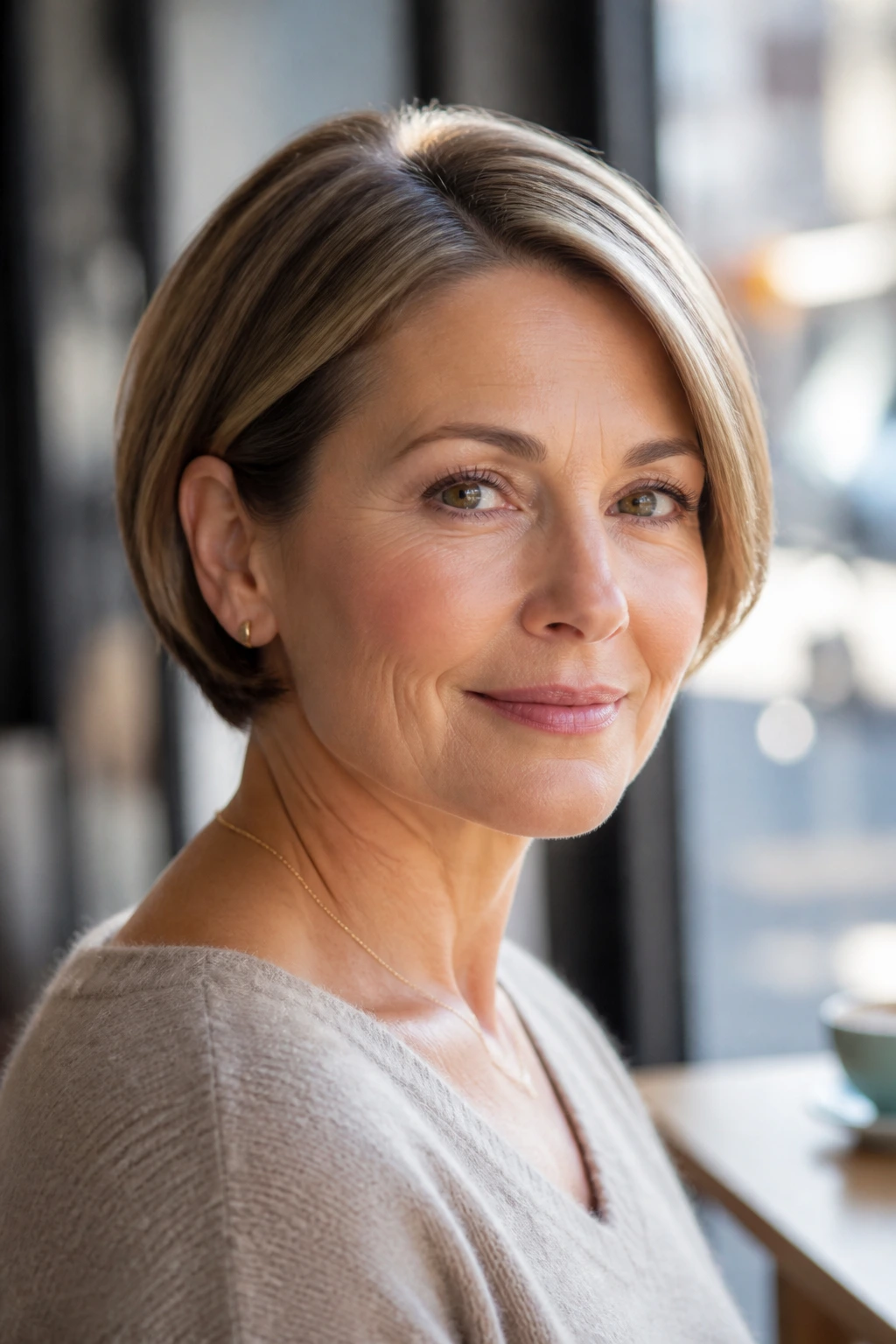 Portrait of a real woman with an ear-length tucked bob tucked behind the ears in a sunlit cafe.
