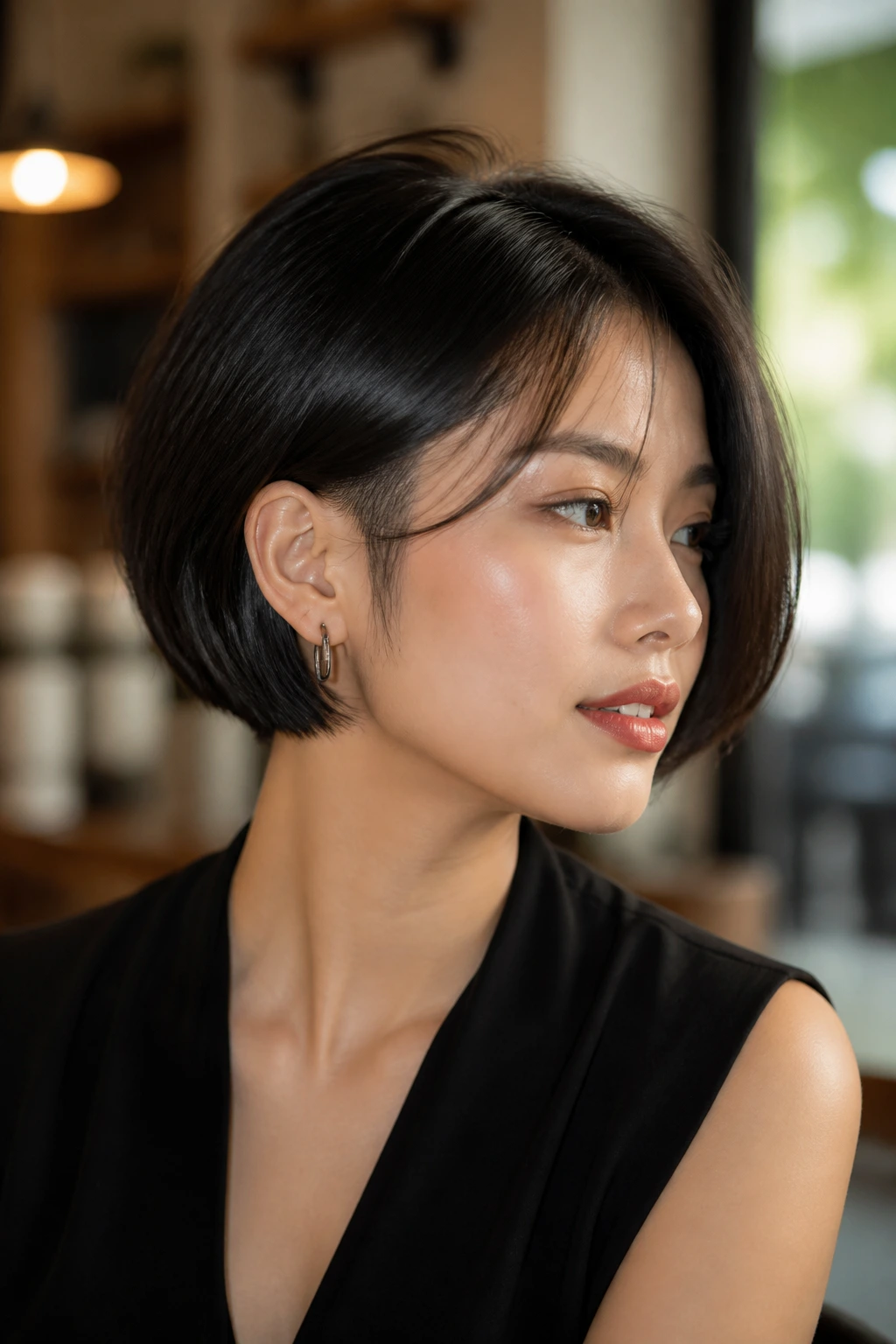 Portrait of a real woman with Ear-Opening French Bob and hidden undercut behind the ears.