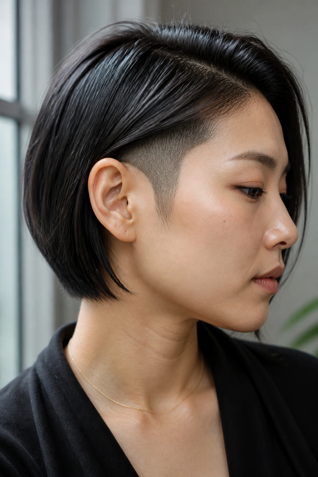Profile of Asian woman showing ear-pocket undercut behind the ear