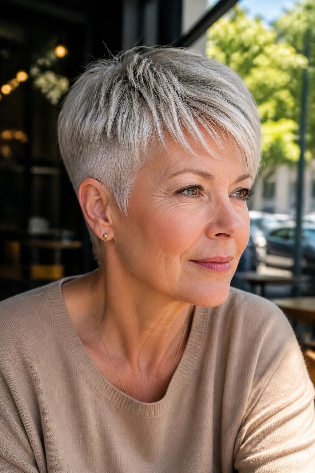 Close-up of a real woman with ear-skimming crop and longer top, lifted sweep.