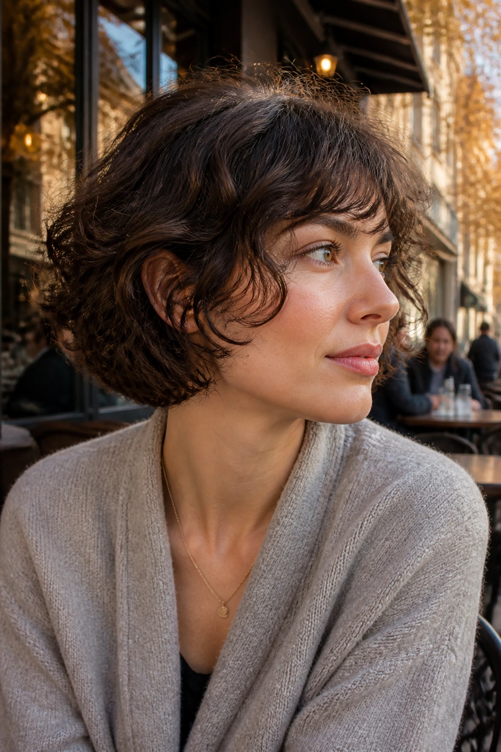 Close-up of real person with Ear-Skimming Soft Bob in outdoor cafe setting