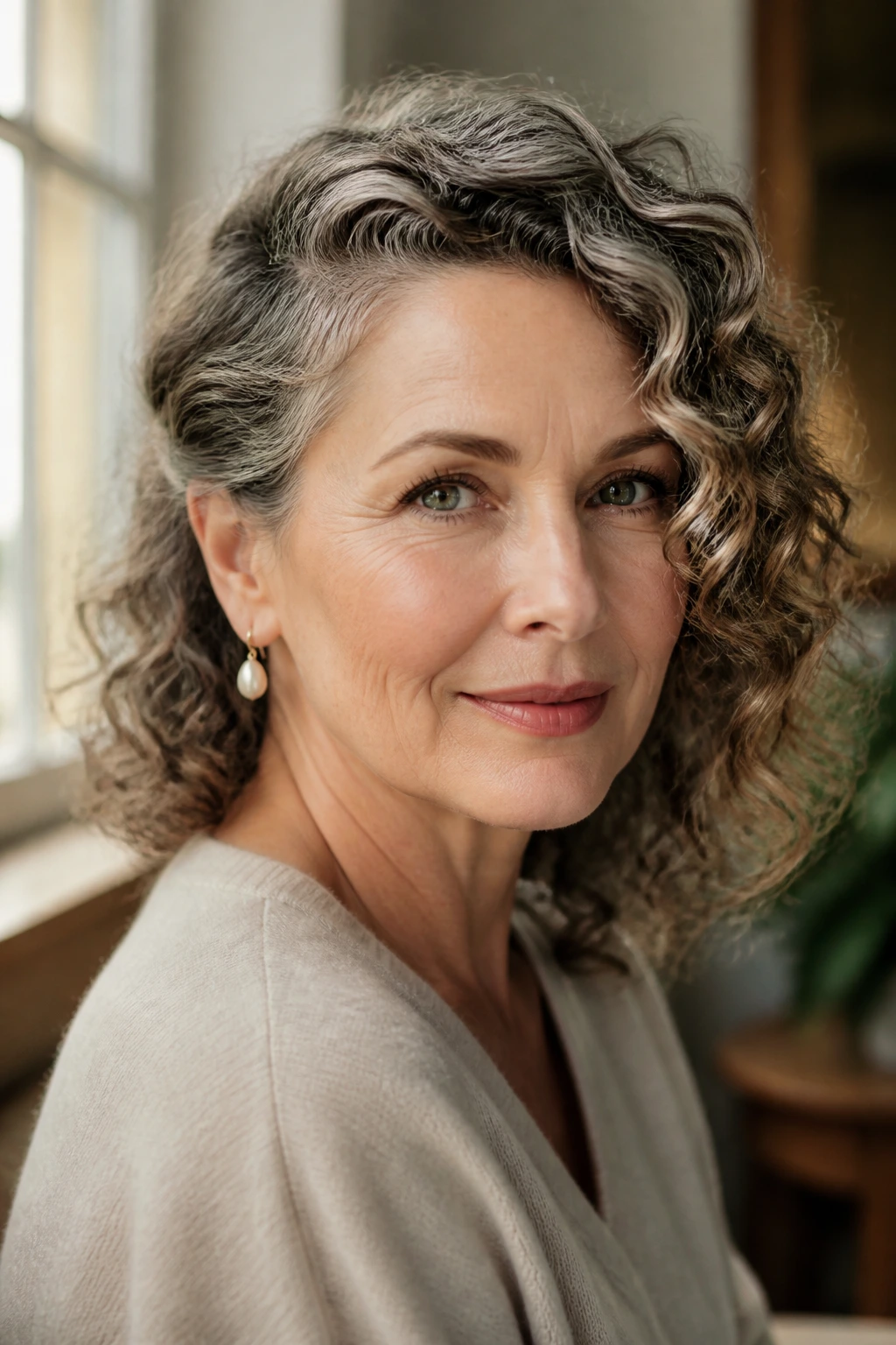 Portrait of a woman with one side tucked behind the ear and the other sweeping back.