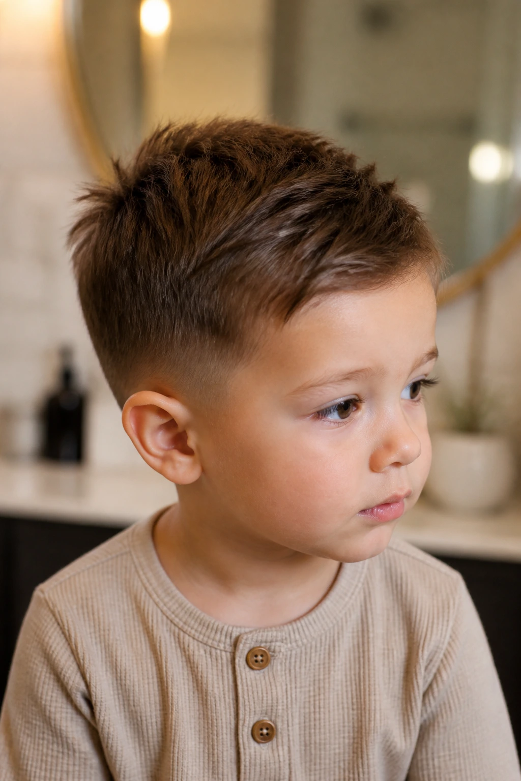 Close-up toddler head with ear taper and scissor-cut edges