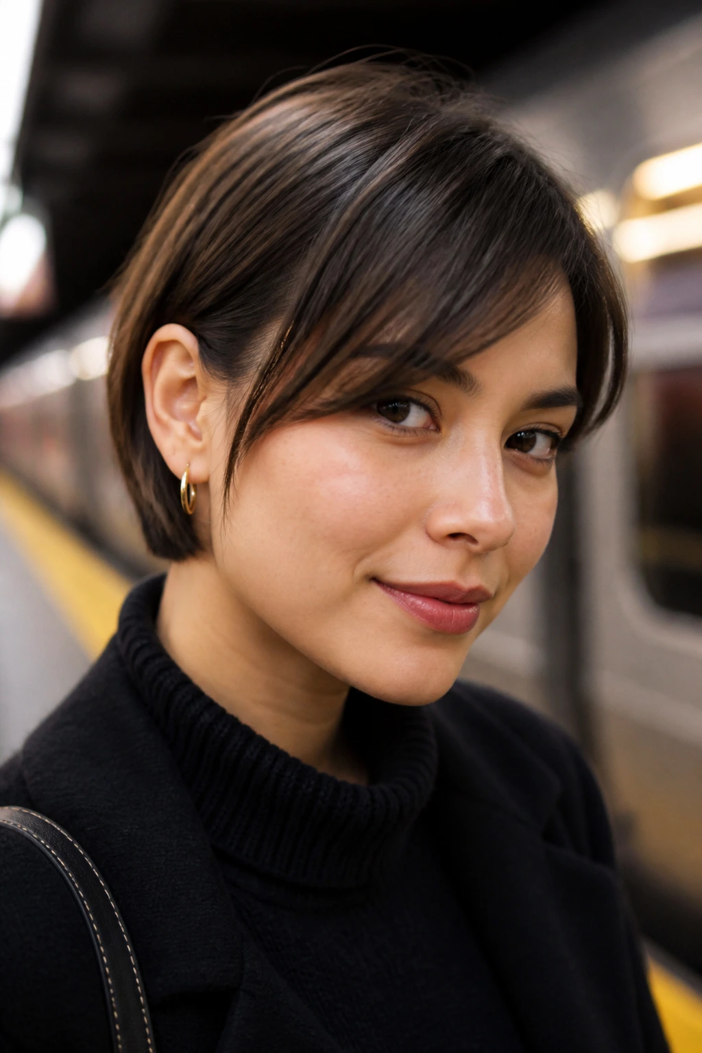 Close-up of a real woman with ear-tuck bang behind the ear in an urban setting.