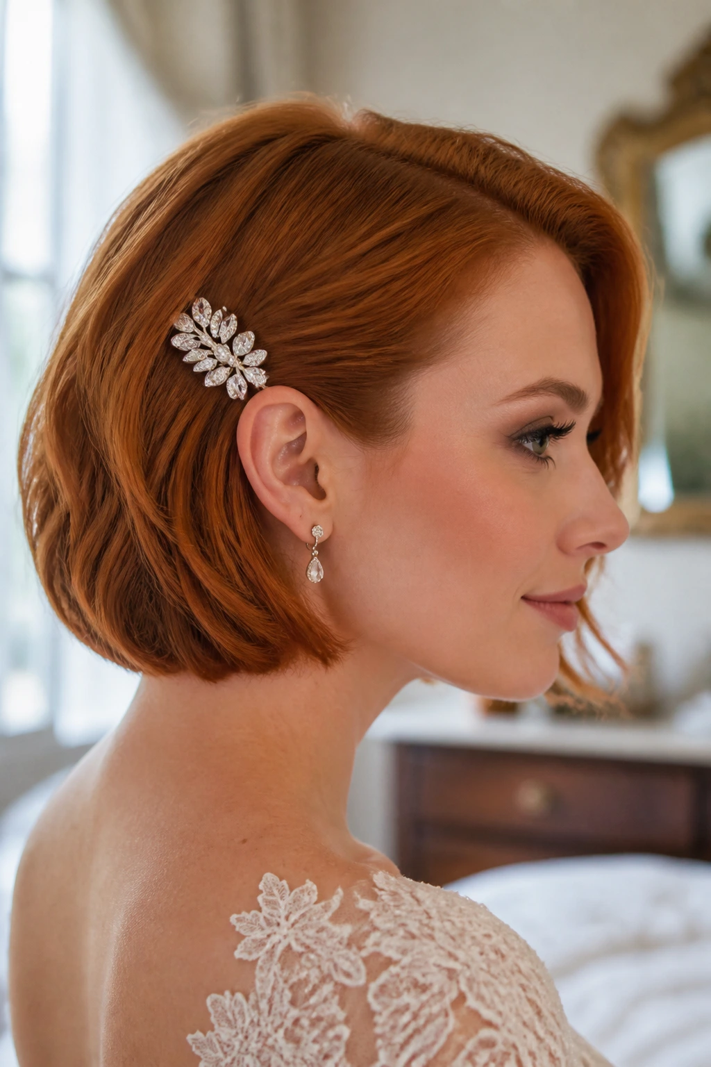 Close-up of red bob with ear-tuck and crystal barrette