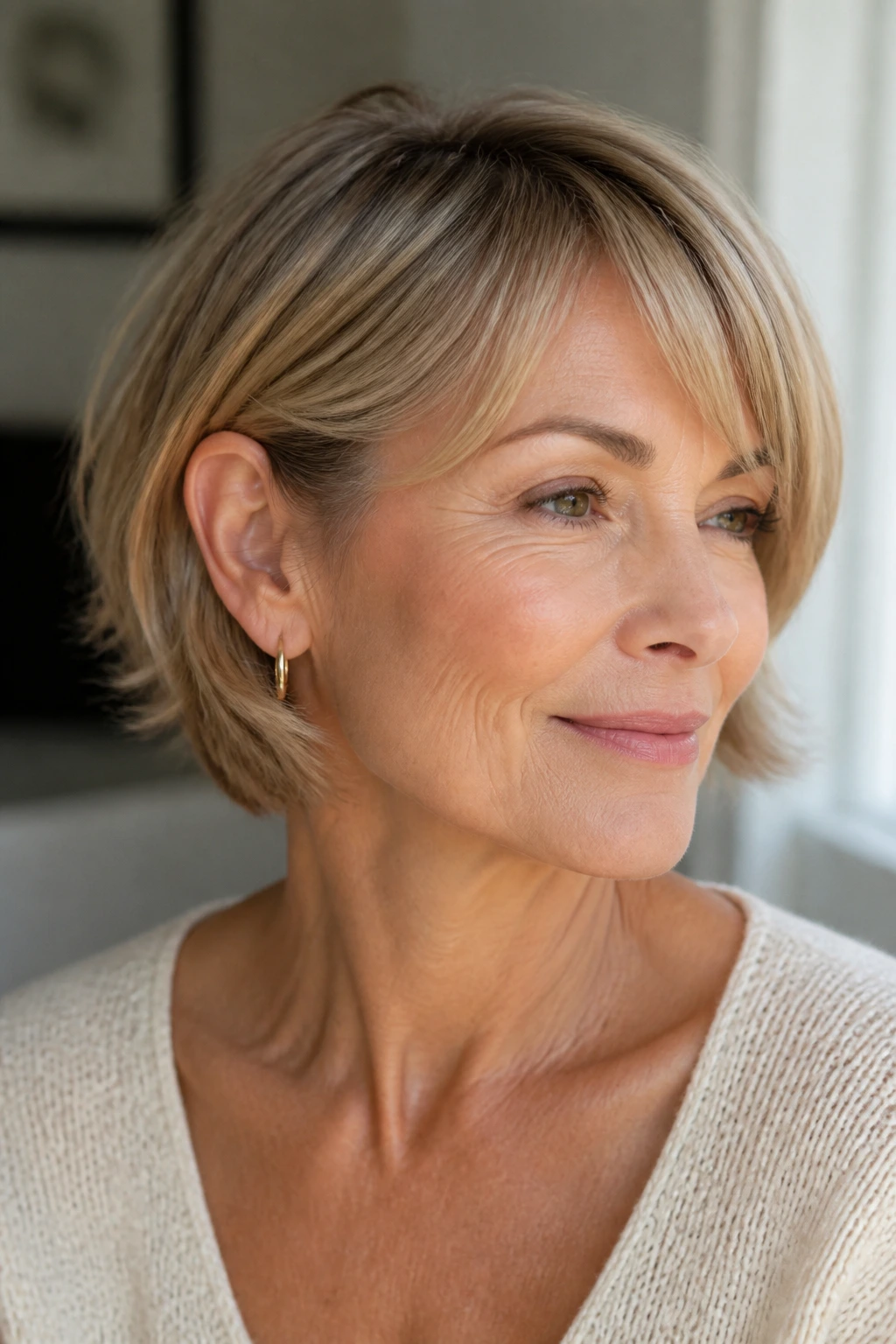 Close-up of real woman with ear-tuck feathered bob and earring
