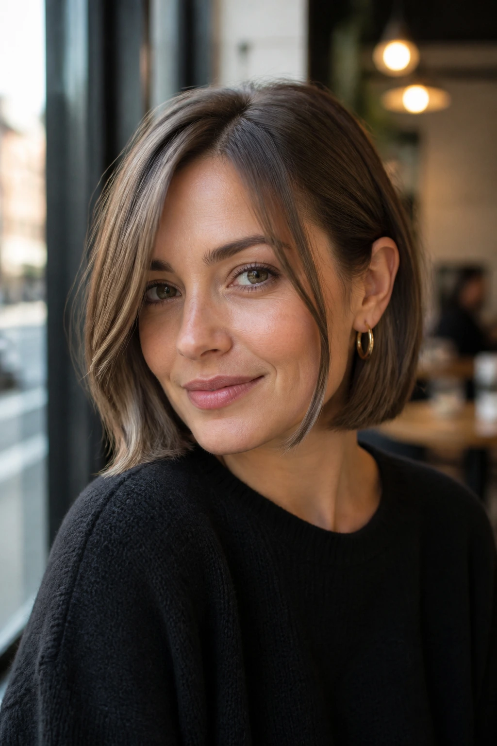 Close-up of ear-tuck lob hairstyle with face-framing pieces on a real woman