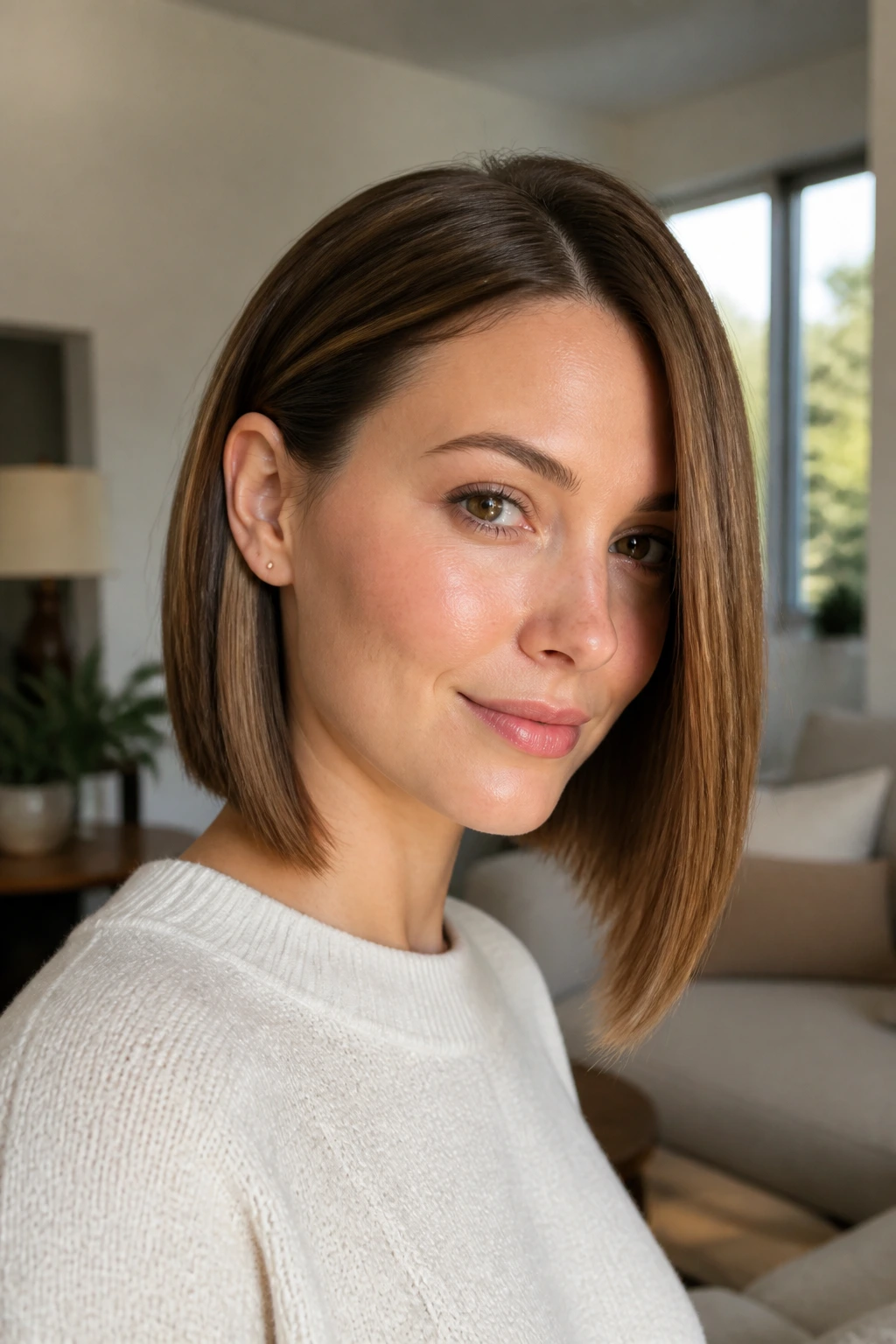 Close-up portrait of a real woman with an ear-tuck lob in a cozy room
