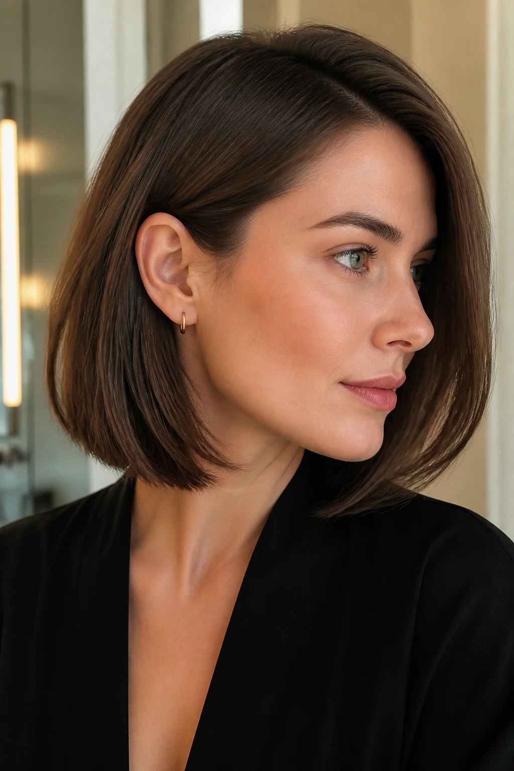 Three-quarter profile of a real woman with hair tucked behind the ear