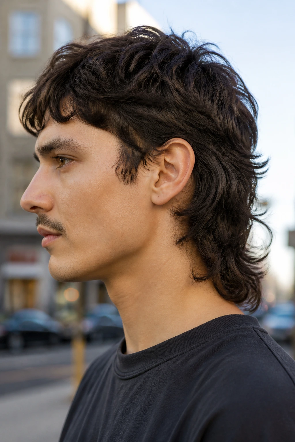 Close-up portrait of a real person with ear-tuck mullet, ears visible and back tail length.